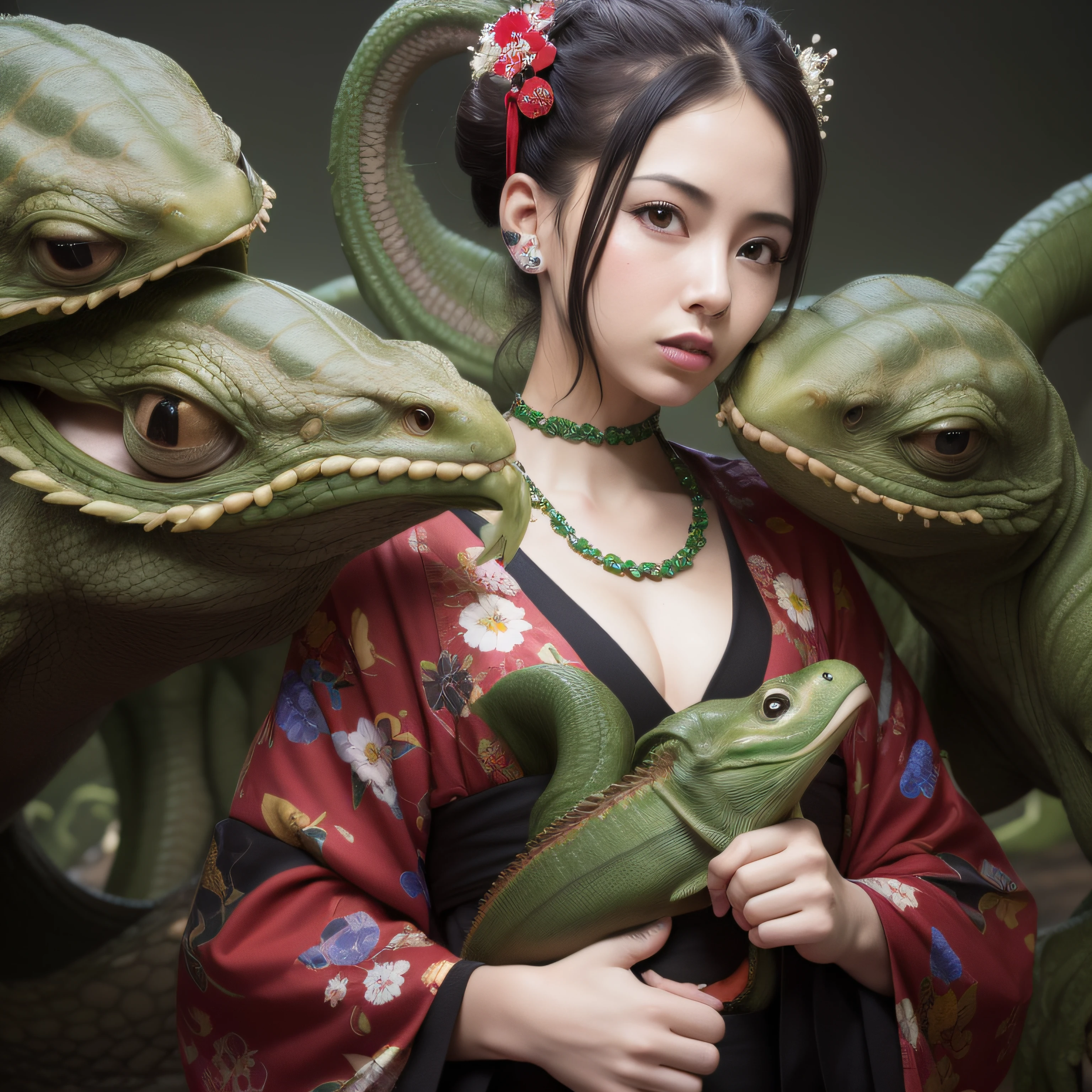 "((Obra maestra))(The best lighting, alto contraste, oscuro, dramatic, Acabado fotorrealista),(superficie de papel foto antigua, sucio y arrugado),(geisha, latex kimono, red room, she's sick, enfado, Llorosos),(Cthulhu), lagartos gritando, tortugas, ratas. Luz Caravaggio"