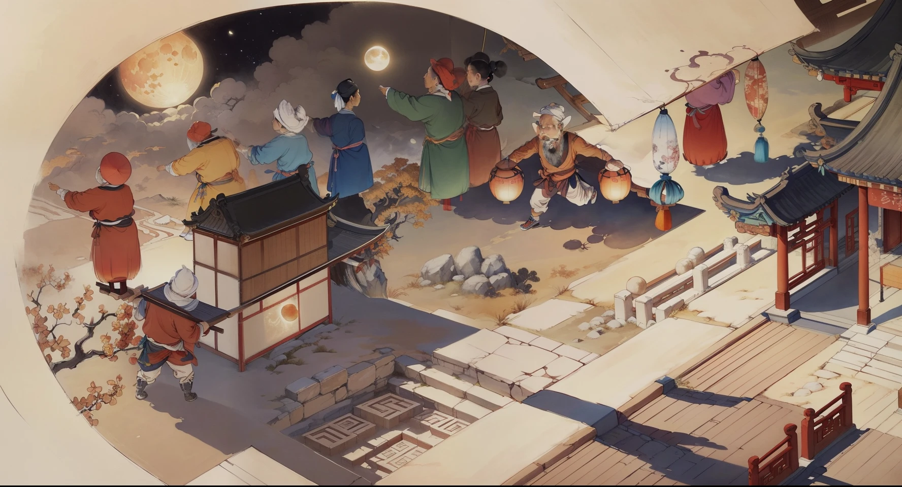 Ancient Chinese landscapes,Ancient buildings,Pavilions,Carved beams and paintings,enchanting scenery,Night,Moon light,Layered, Rich light and shadow,Mid-Autumn Festival, Ink painting style,clean color,Low-saturation colors,Colors of low brightness,Decisive cut,Leave white space,impressionistic,tmasterpiece,ultra - detailed,Epic composition, HighestQuali,hyper realisitc,Art germ --v 6