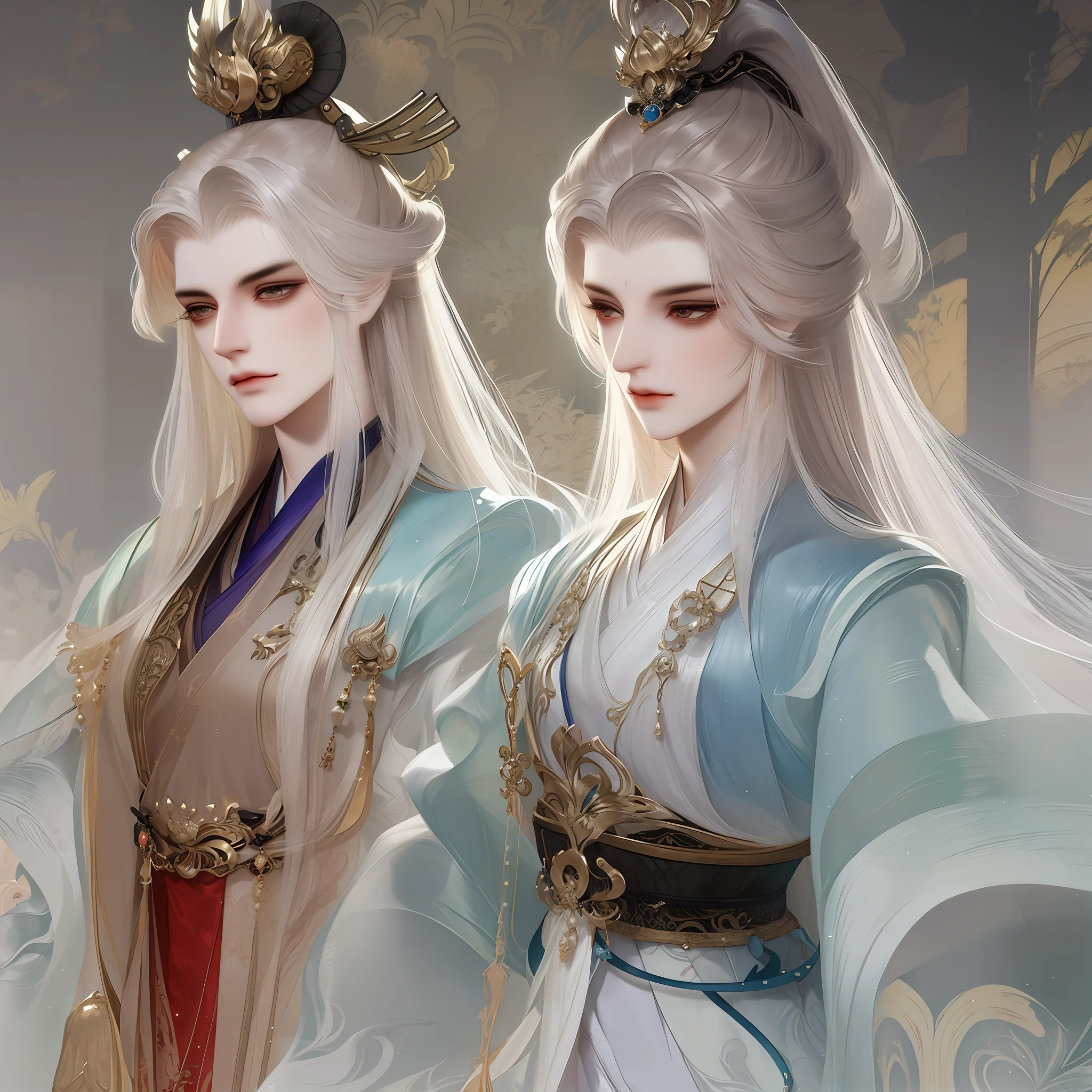 best qualtiy,tmasterpiece,highly detailed wallpaper,2 people(1male people,1female),Character standing drawing,brunette color hair,long whitr hair,Kingly temperament,详细的脸,gorgeous hair accessory,Hanfu,超高分辨率,sketching,ink wash style
