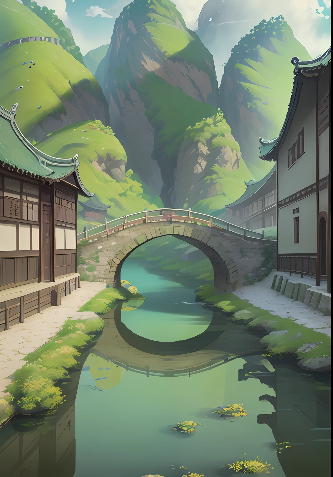 A poster of Fenghui Ancient Town, with the theme of "Fenghui Ancient City is Youth", deeply explores the tourism and cultural heritage of Fenghui Town. With youth, creativity and vitality to tell the story of the rejuvenation of the ancient city, spread the harmonious and beautiful image of the ancient city, Fenghui has a deep cultural heritage, rich tourism resources, Fenghui Town seeks prosperity with ancient times, promotes the in-depth integration and development of the cultural tourism industry, and is committed to building a youthful and vibrant thousand-year-old city in the Yangtze River Delta region. Describe the lively scene of Fenghui Ancient City, from a long perspective, there is a small river in the axis of the painting, boats come and go in the small river, (an arch bridge spans both sides of the river, 7~8 pedestrians enjoy the scenery on the arch bridge), pedestrians on both sides come and go, ink painting style, simple Chinese architecture, super detailed, epic communication, huge paintings, highest quality, supersaturated, 32 --v 6