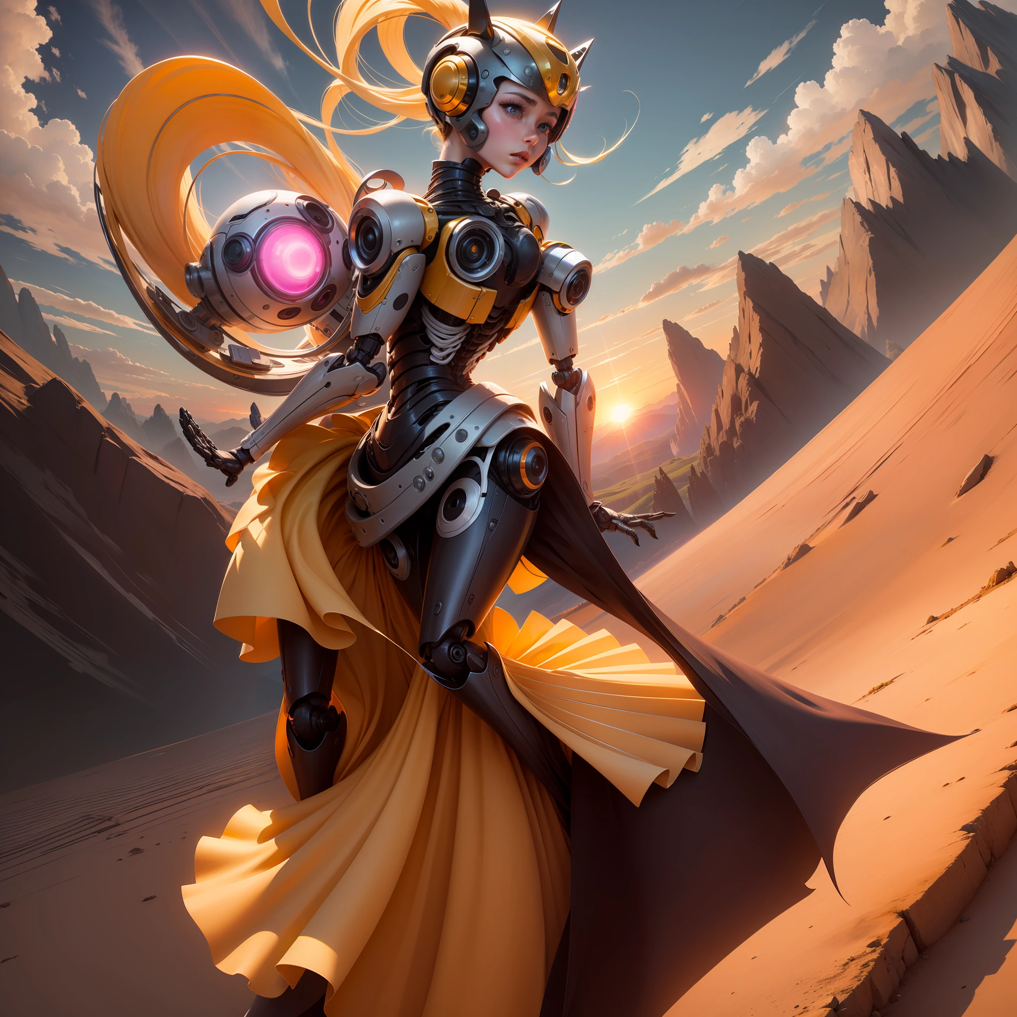 Robot ha manoide muy intrincado de color dorado, vestido con un tutu rosa. Dancing on top of a mountain watching an orange sunset