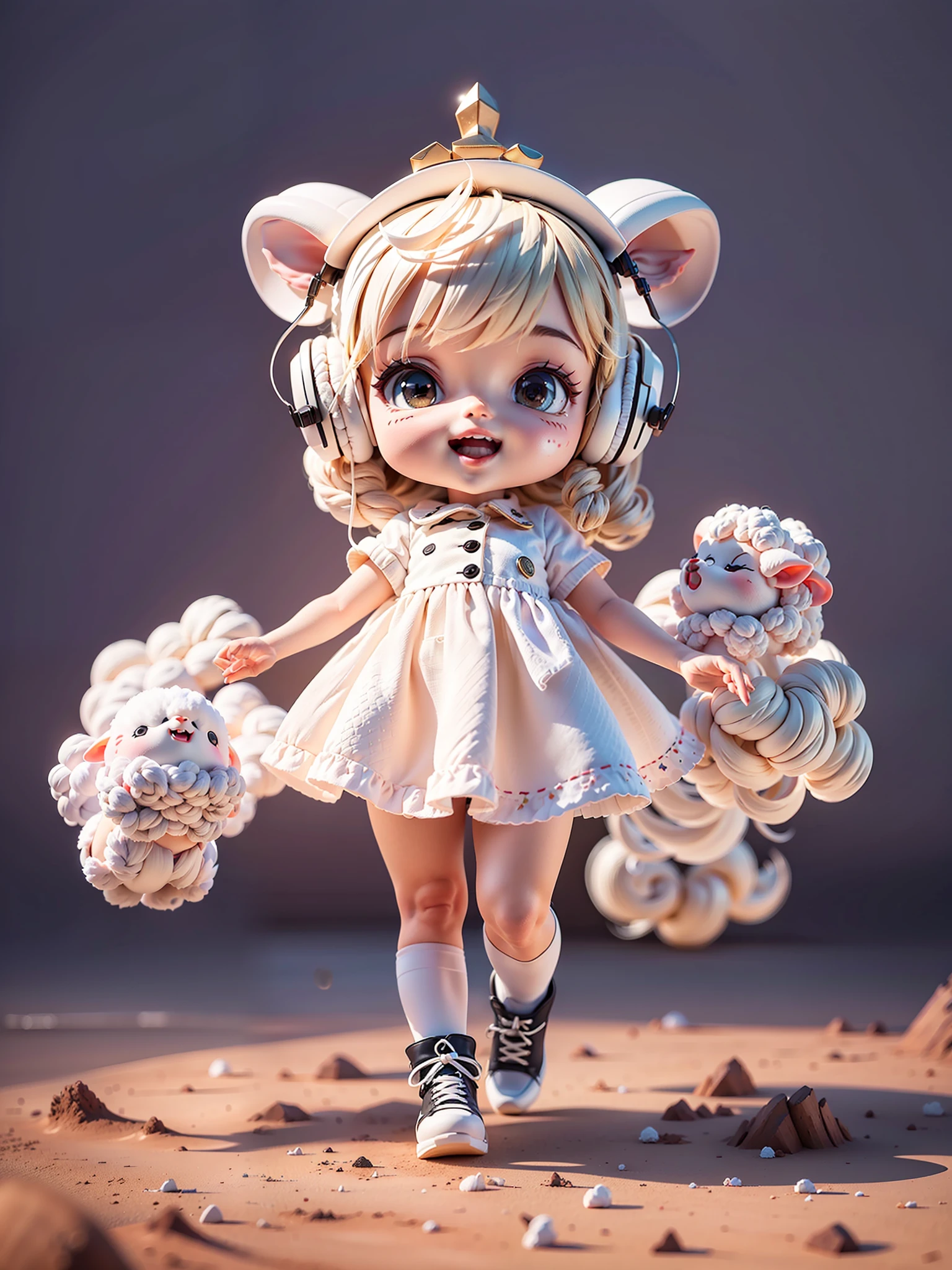 (Masterpiece), (Excellent), (Ultra Detailed), (Full Body: 1.2), (Solo Body), White Theme, Sheep Magician, Cute, Open Mouth, Smile, Headphones, Wool Texture, Popmart Blind Box, Clay Texture, Stepping on Earth, Black and White Background, Natural Light, Best Quality, Ultra Detail, 3D Art, C4D, OC Renderer, 3D Rendering, 8K