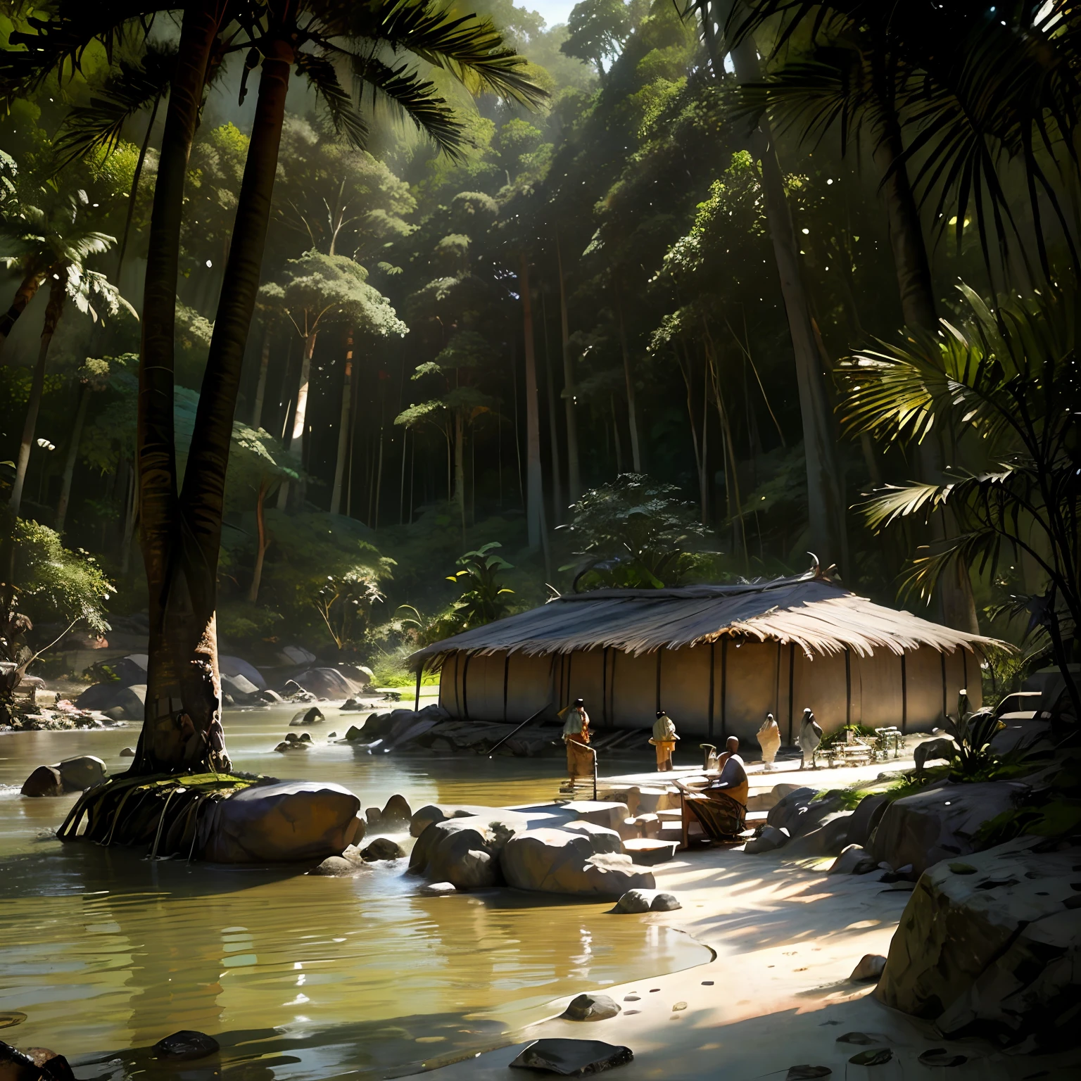 Crie uma imagem de um grupo de  sapiens, nossos ancestrais primitivos, construindo suas moradias com habilidade e engenho nas margens de um rio sinuoso, use of natural resources to ensure their survival,Ilustre a vida dos homens primitivos enquanto eles erguem abrigos rudimentares com ramos, folhas e peles de animais perto das margens de um lago sereno, witness human ingenuity in harnessing the proximity of water for their everyday needs,Desenhe uma cena realista de homens primitivos, In the midst of a prehistoric landscape, Using your rudimentary hands and tools to build cozy shelters, strategically positioned near rivers and lakes for easy access to water,Create an artistic representation of a sapiens community, working in harmony to build their homes on the edge of a busy river, evidencing the importance of water in their lives and showing the evolution of their constructive abilities,Desenhe uma imagem detalhada de homens primitivos erguendo abrigos naturais com galhos, folhas e peles de animais, perto das margens de um lago tranquilo, Showing the intimacy of the relationship between humanity and water resources in prehistory,Create an illustration that depicts unity and cooperation among primitive men, as they work together to build their temporary dwellings in a picturesque setting, near the refreshing waters of a flowing river,Illustrate the ingenuity of sapiens as they build strategically placed villas in a prehistoric landscape, where proximity to rivers and lakes played a vital role in its survival and growth as a species,Draw a vivid scene of primitive men engaged in construction activities, usando materiais naturais como pedras e lama para criar suas moradias aconchegantes, strategically located in locations close to a rich water source.