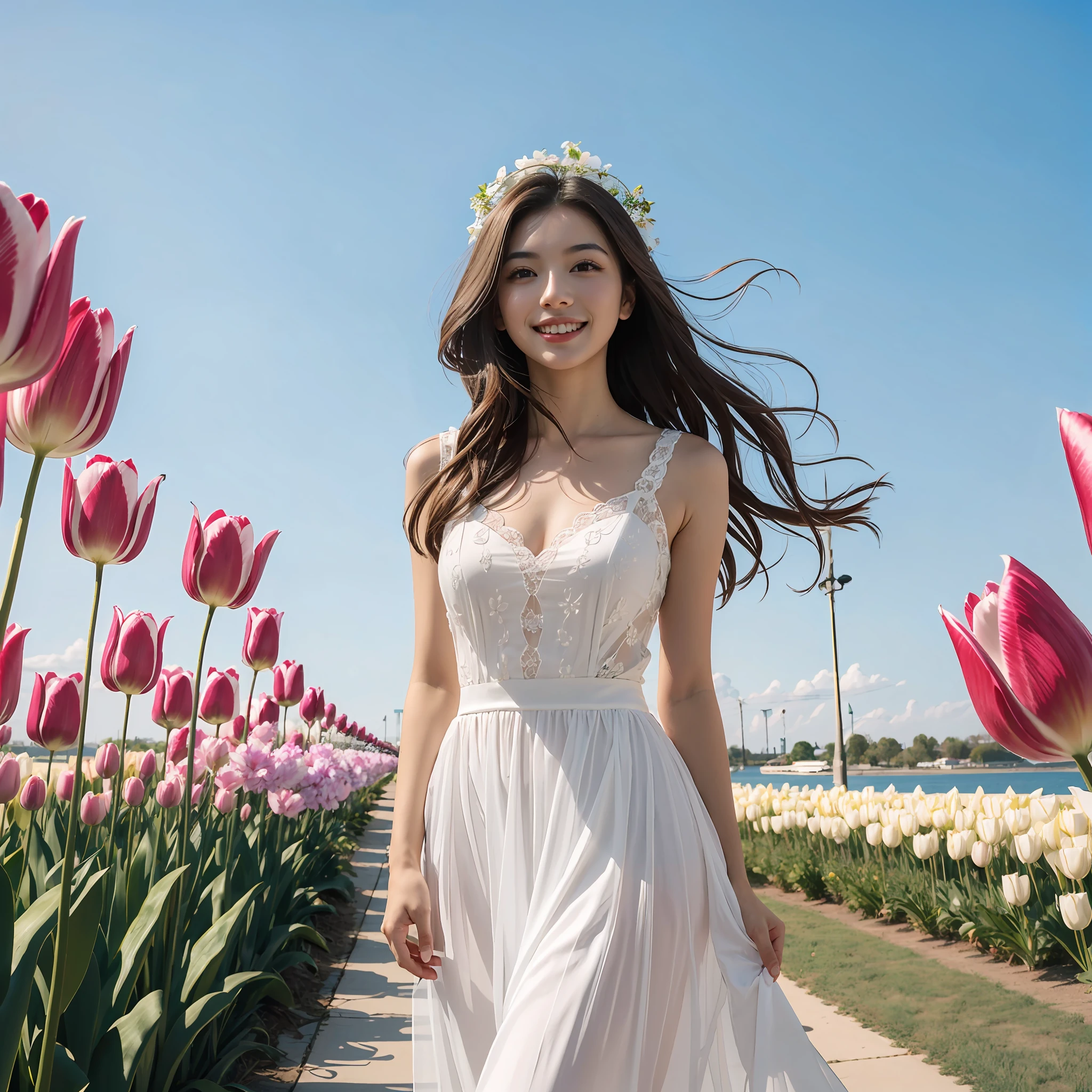 , A girl
, tulips
, Flowers
, brown  hair
, Play
, white dresses
, having fun