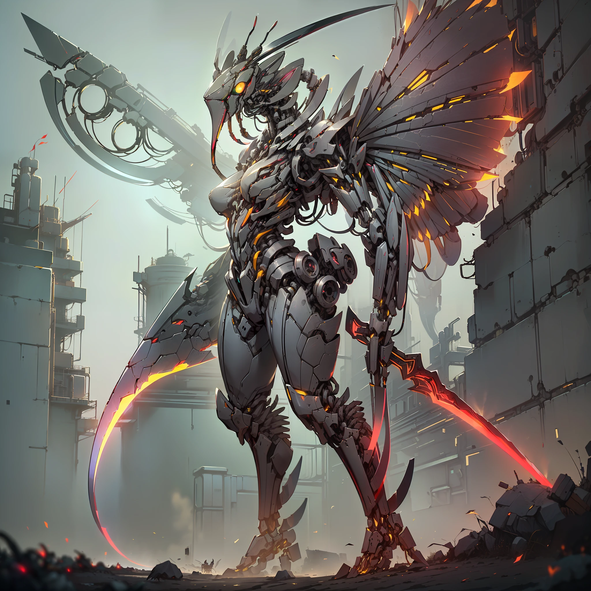 UHD, retina, anatomically correct, textured skin, super detail, best quality, highres,A huge mechanical monster,giant monster,(Fantasy composition:1.3),Curious atmosphere,(Mechanical insects/(honeybee:1 3)/),(Bionic technology//(The sickle forelimbs of the praying mantis,The beak of a crow)//:1.3),(A huge power furnace in the body:1.3)+(It emits a red glow:1.3),(The giant scythe of the Grim Reaper:1.4),Fiber optic cables that emit red light,cyberpunk,Mechanical limb,Mechanical arthropods,Ball joints,mechanicalparts,((Inside are foldable mechanical wings in parallelograms with a mesh structure)),(Imitate humans to stand/(With two slender mechanical legs)/:1.3)
