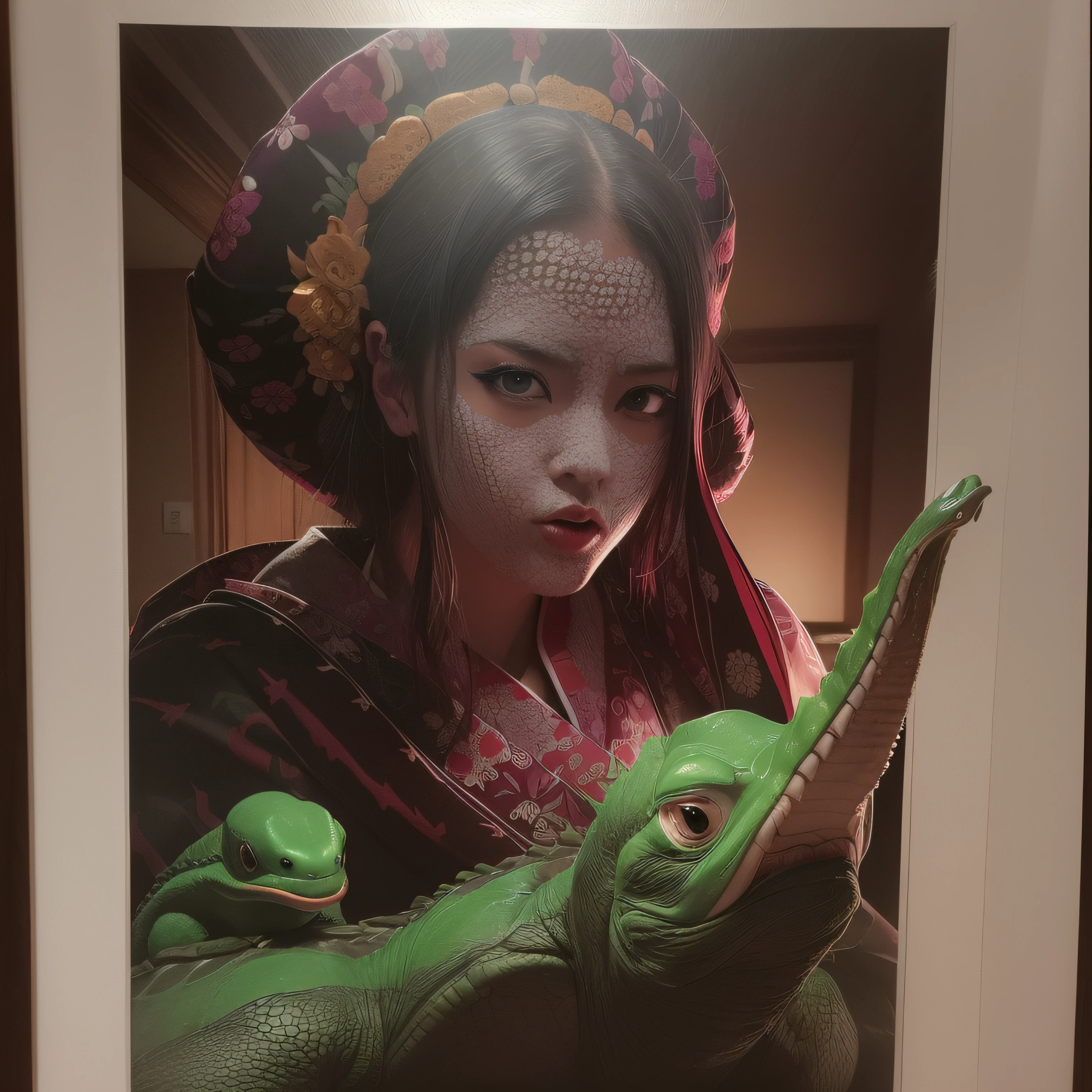 "((Obra maestra))(The best lighting, alto contraste, oscuro, dramatic, Acabado fotorrealista),(superficie de papel foto antigua, sucio y arrugado),(geisha, latex kimono, red room),(Cthulhu), lagartos gritando, tortugas, ratas. Luz Caravaggio"