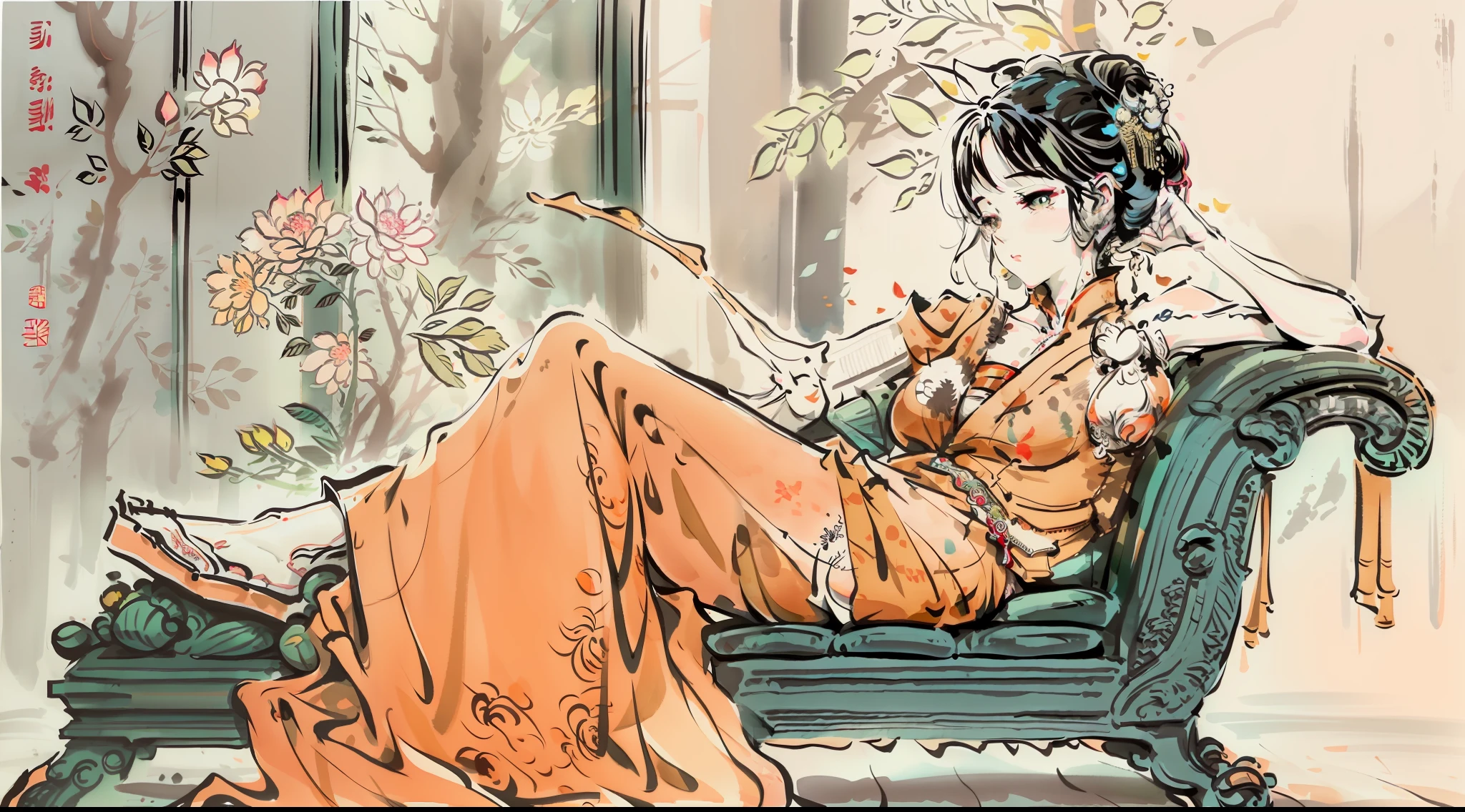 Painting of a woman sitting on a classical Chinese chaise longue, clean lineart,perfect lineart, ink outline, Ink outline