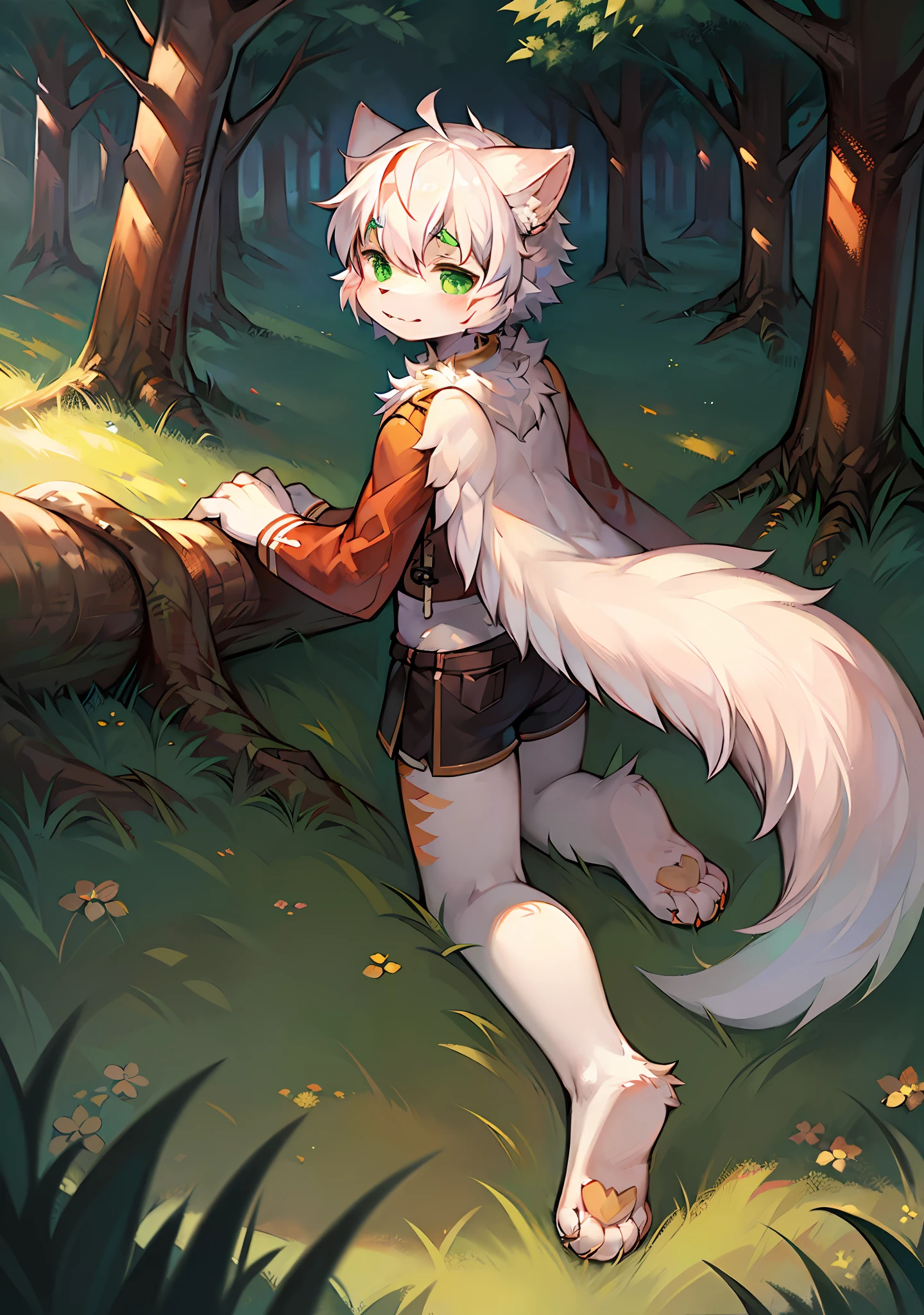 Masterpiece,High quality,abstract res,Digital painting\(artwork of a\), author:Solitz Sandiz, Yupa,Kiyosan,(anthro,Fluffy fur,Character focus:1.1),anthro male cat,Short hair,Portrait , eyes with brightness, in a panoramic view, Character focus.(detailedbackground:0.7), 独奏, shaggy, shaggy male, malefocus, anthr,(Full Body Furry, Fluffy tail, White fur, Dark green eyes, White color hair:1.2), (Long felines、moth、White feathers、Beige pattern、Manteau:1.2),(External、In the daytime、Dense grass、Low tree、clear skies、grassy fields)