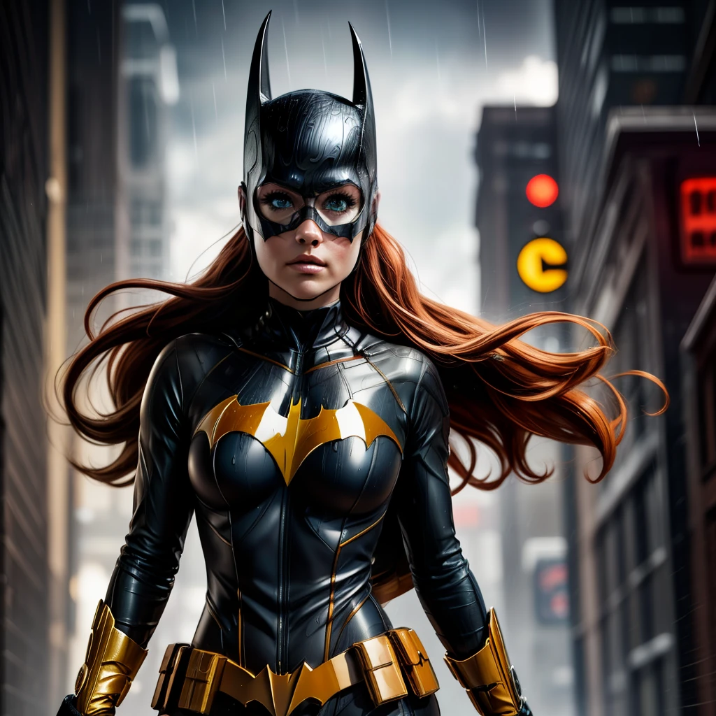 barbara gordon, anime, beauty, Batgirl clothes, Batgirl cosplay, wind effect, full body photo, prominent figure, standing on the edge of a skyscraper, night, photo (Masterpiece) (Best quality) (Detail) (8K) (HD) (Wallpaper) (Cinematic lighting) (Sharp focus) (Intricate), sexy, rain, wet, rays, best quality, ultra high resolution, photorealistic, full body portrait, incredibly beautiful, dynamic poses, detailed skin texture, highly detailed skin, detailed face,