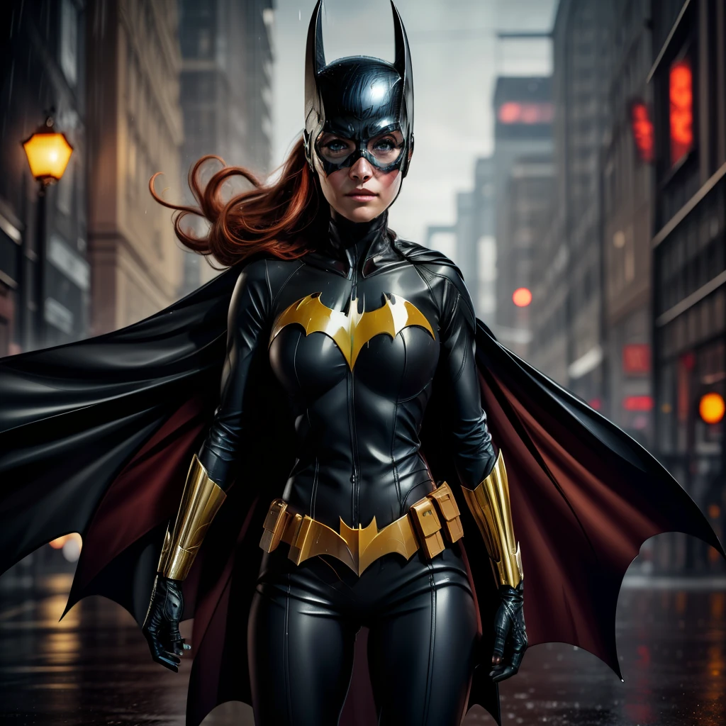 barbara gordon, anime, beauty, Batgirl clothes, Batgirl cosplay, wind effect, full body photo, prominent figure, standing on the edge of a skyscraper, night, photo (Masterpiece) (Best quality) (Detail) (8K) (HD) (Wallpaper) (Cinematic lighting) (Sharp focus) (Intricate), sexy, rain, wet, rays, best quality, ultra high resolution, photorealistic, full body portrait, incredibly beautiful,  dynamic poses, detailed skin texture, highly detailed skin, detailed face,