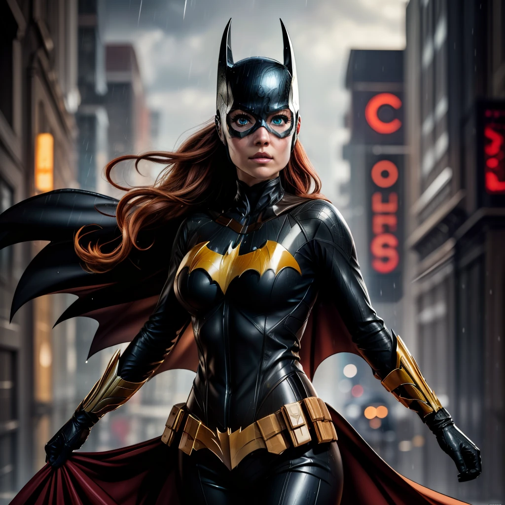 barbara gordon, anime, beauty, Batgirl clothes, Batgirl cosplay, wind effect, full body photo, prominent figure, standing on the edge of a skyscraper, night, photo (Masterpiece) (Best quality) (Detail) (8K) (HD) (Wallpaper) (Cinematic lighting) (Sharp focus) (Intricate), sexy, rain, wet, rays, best quality, ultra high resolution, photorealistic, full body portrait, incredibly beautiful,  dynamic poses, detailed skin texture, highly detailed skin, detailed face,