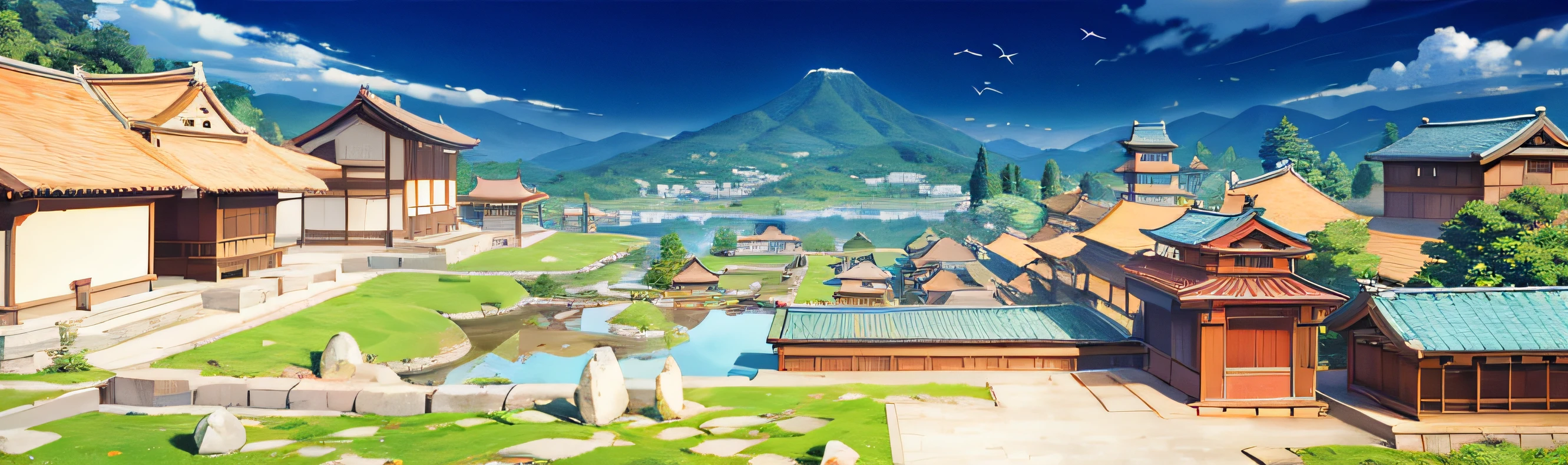 (View of a Japanese garden),(in style of hayao miyazaki),Rockery landscaping,Cartoons,Old Japanese style villa,Road,Corners,small houses,The tree,baiyun,scenecy,exteriors,Green trees,Epic composition,realistic illumination,High-definition details,tmasterpiece,best qualtiy,Ray traching,Mountains and villages in the distance,sunlight reflections,4K,(Very detailed CG unified 8k wallpaper),Aerial view of a residential area with ponds and roads,aerial illustration,bird's eyes view,bird's eyes view,bird's eyes view,aerial shot,Stefan Girowski,illustratio,View of Ariel by Adam Malczynski,outlines,bird's eyes view,rendering,Isometric map,