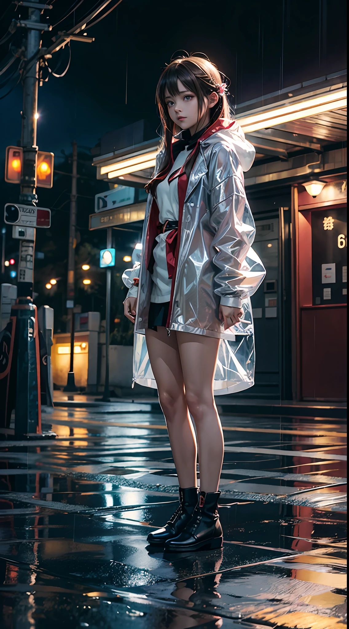 Anime Sword Art Online（（Super Moe Q version Asuna））Standing in the rain in a long raincoat, illustration iridescent, magically glowing, shiny colorful, holograph, By Yuumei, Anime art wallpaper 8 K, Guviz-style artwork, Anime art wallpaper 4k, Anime art wallpaper 4 K, girl in raincoat, Beautiful anime artwork, Digital anime art, Guviz，full bodyesbian，2 head body
