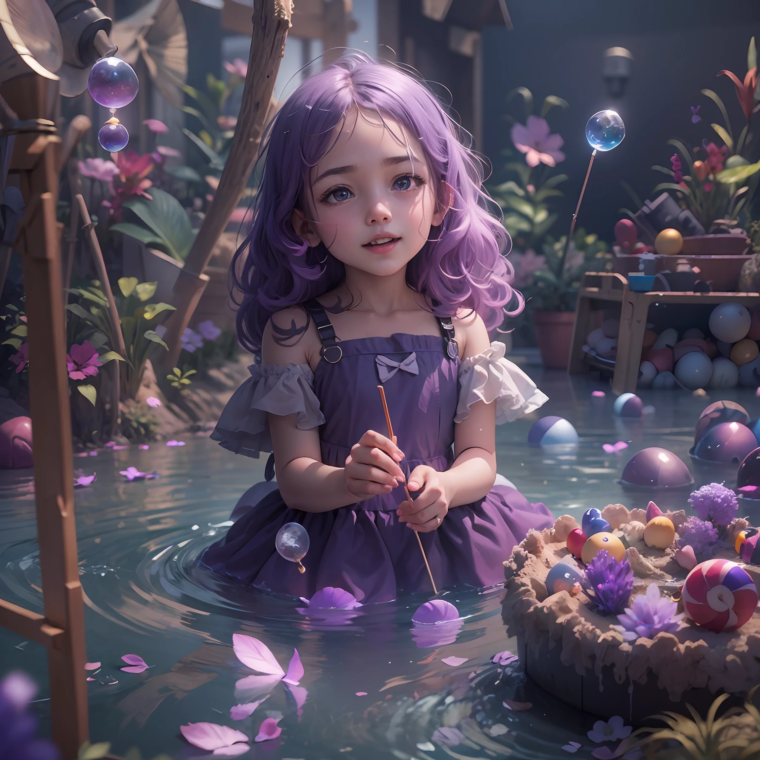 (sandbox:1.4),in a panoramic view,Solo, full bodyesbian,Beautiful cute , Wear delicate purple leather shoes,It's like being in the middle of the ocean,Dressed in a beautiful purple dress, ssmile,Long light purple hair,Holding a purple lollipop in his hand,Rococo style,Material de vidro,crystal material,extremely detaile, Cinematic lighting effects,4K,tmasterpiece,offcial art
