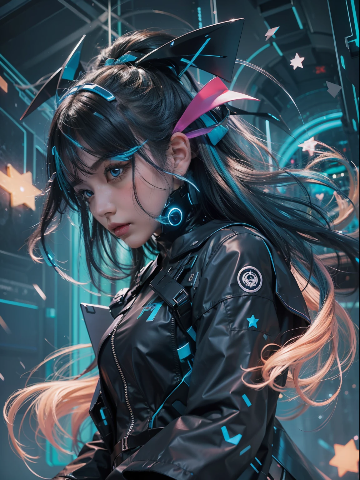 high quality, stary night blue black futuristic cyber girl, splash arts, aesthetic for Tshirt design, highly detailed, darktone