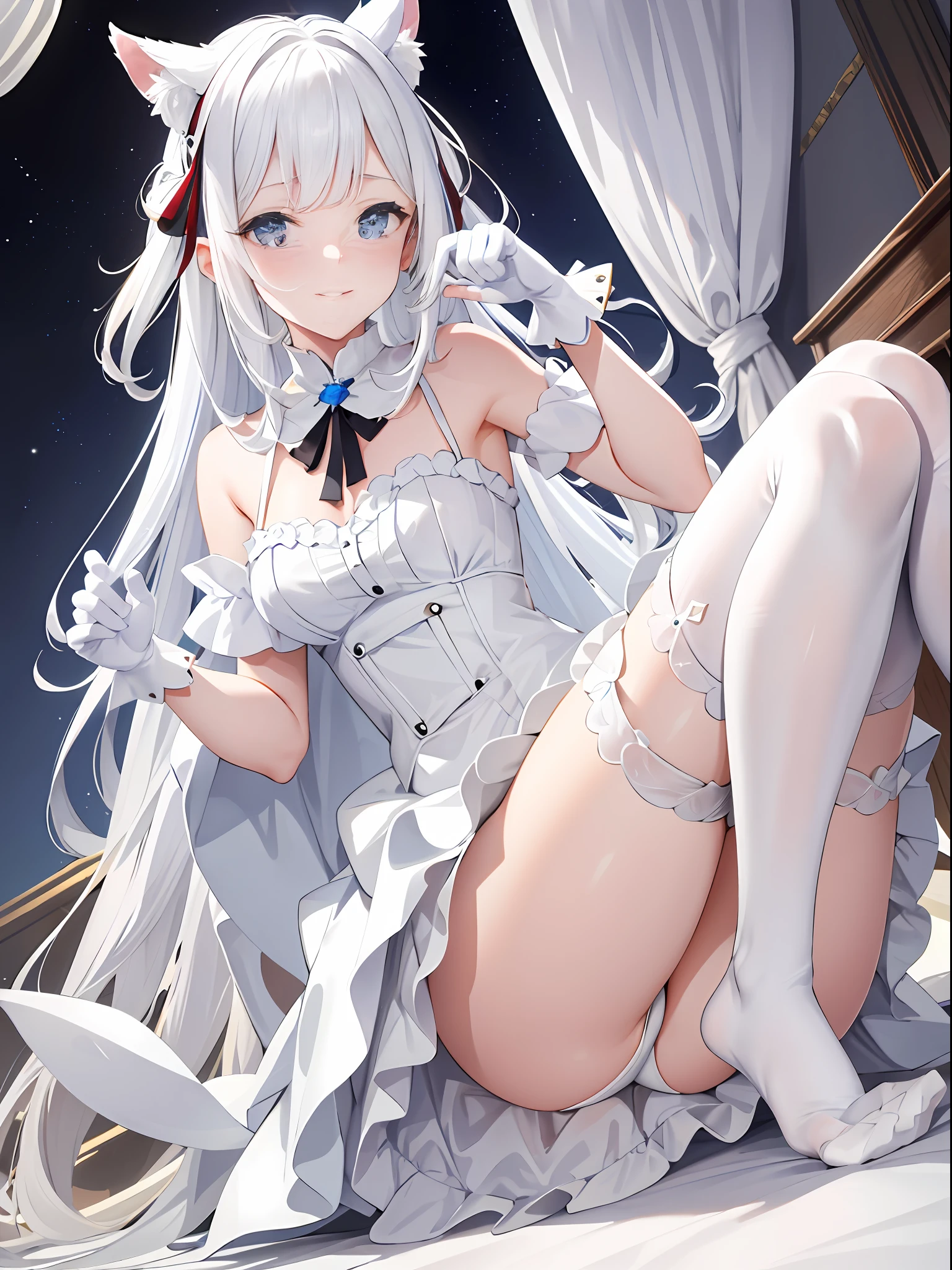 Lazy wind，wide blue eyes，White hair，Dull hair，Beast-eared maiden，White tones，sitted，1girll，Solo，adolable，white dresses，Big hazy eyes，Facial details are exquisite，Beth，onbed，Impeccable，Cute pose，Plush cat's paw gloves，Shy laugh，The complexion is reddish，White stockings