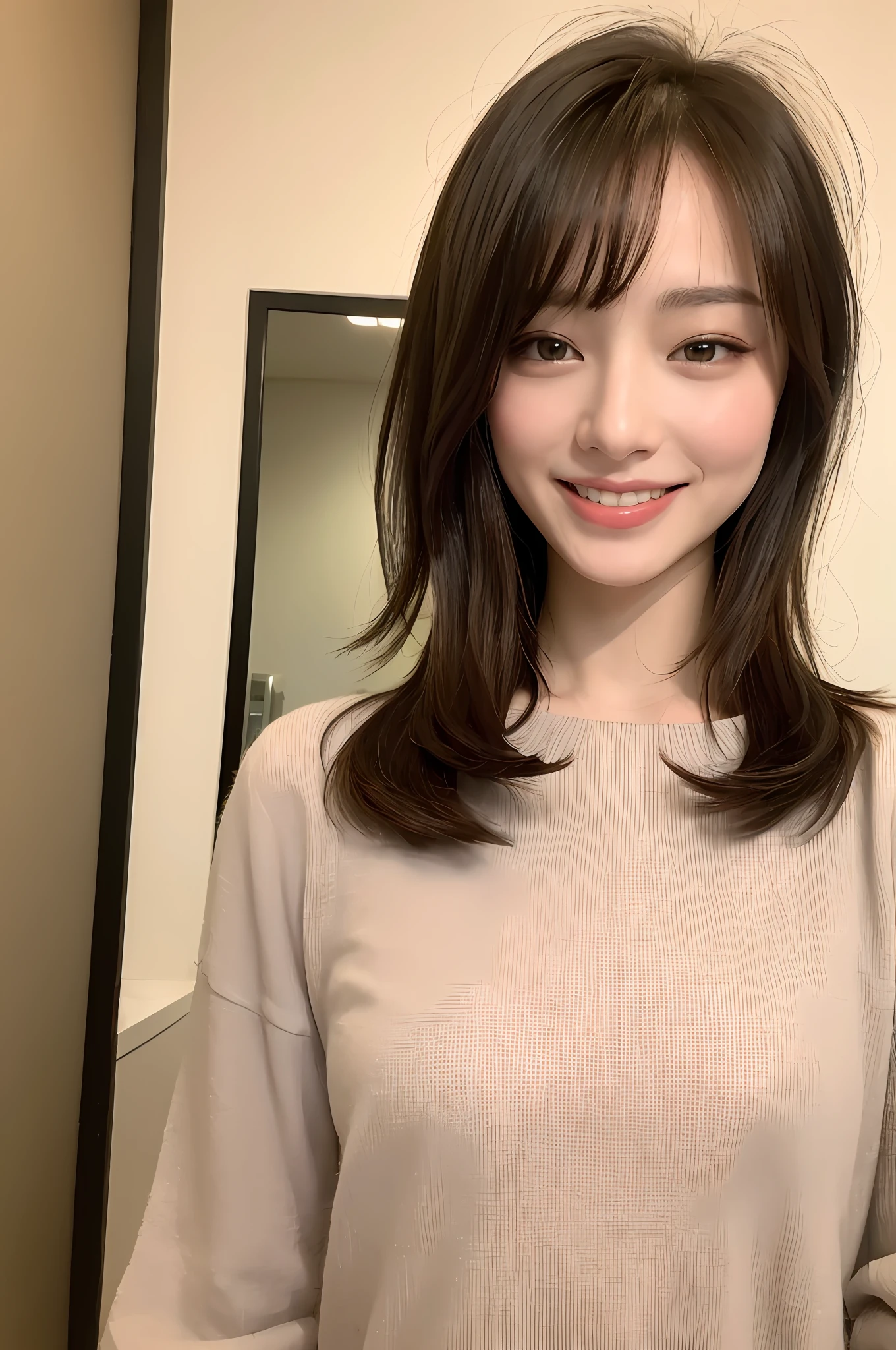 ((top-quality、8K、masterpiece:1.3))、full body Esbian、1girl in、Beauty of slim abs:1.3、(Casual Hairstyles、Small:1.2)、doress:1.1、an ultra-Small Face、A detailed eye、二重まぶた、A smile、Home、focus