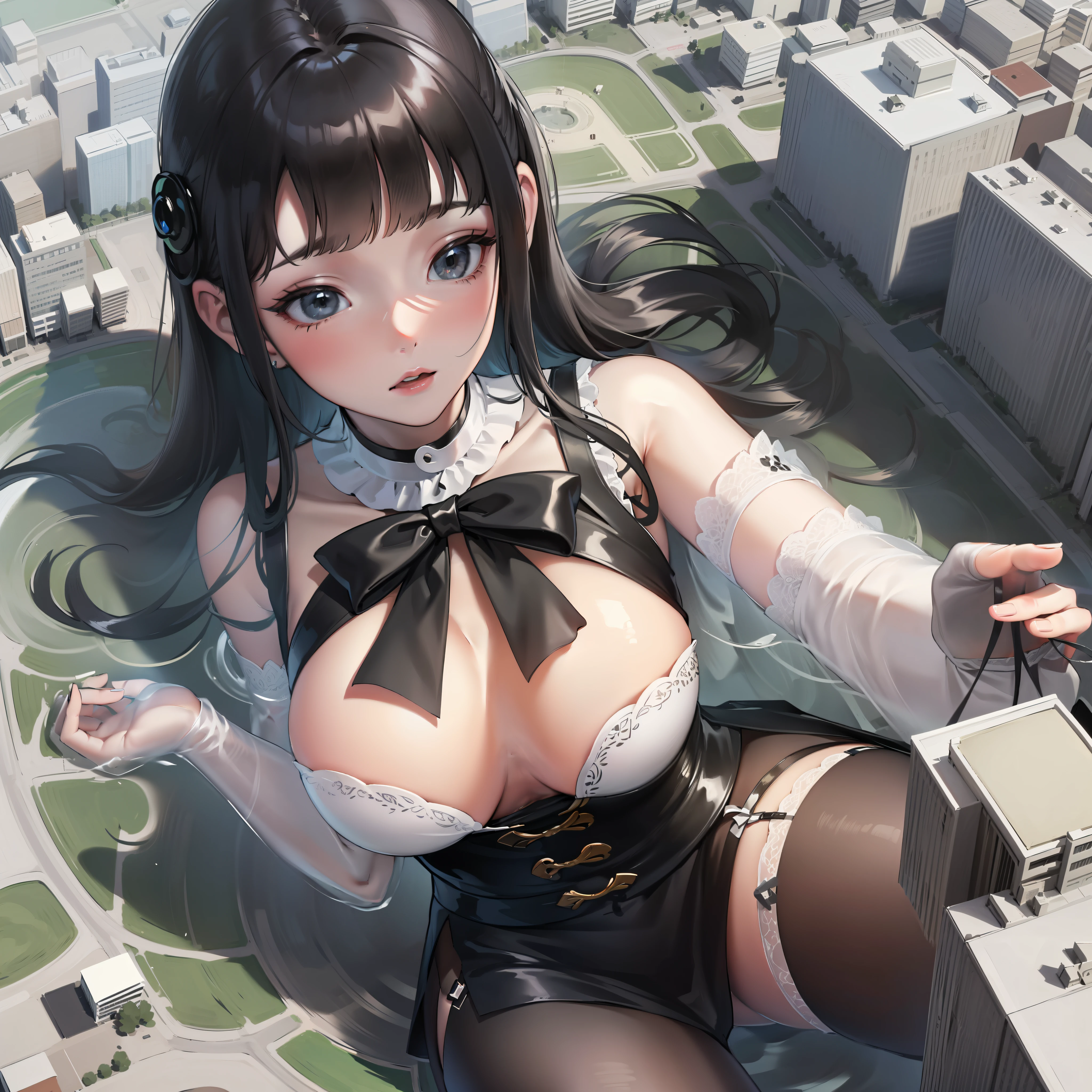 tmasterpiece，Best quality at best， 4K， A high resolution， Top view， Top angle of view，A giantess，full bodyesbian，Lie down，Modern high-rise，s the perfect face，Glossy glossy skin，Feminine expression，Black color hair，oppai，sensual lingerie，black lence stockings