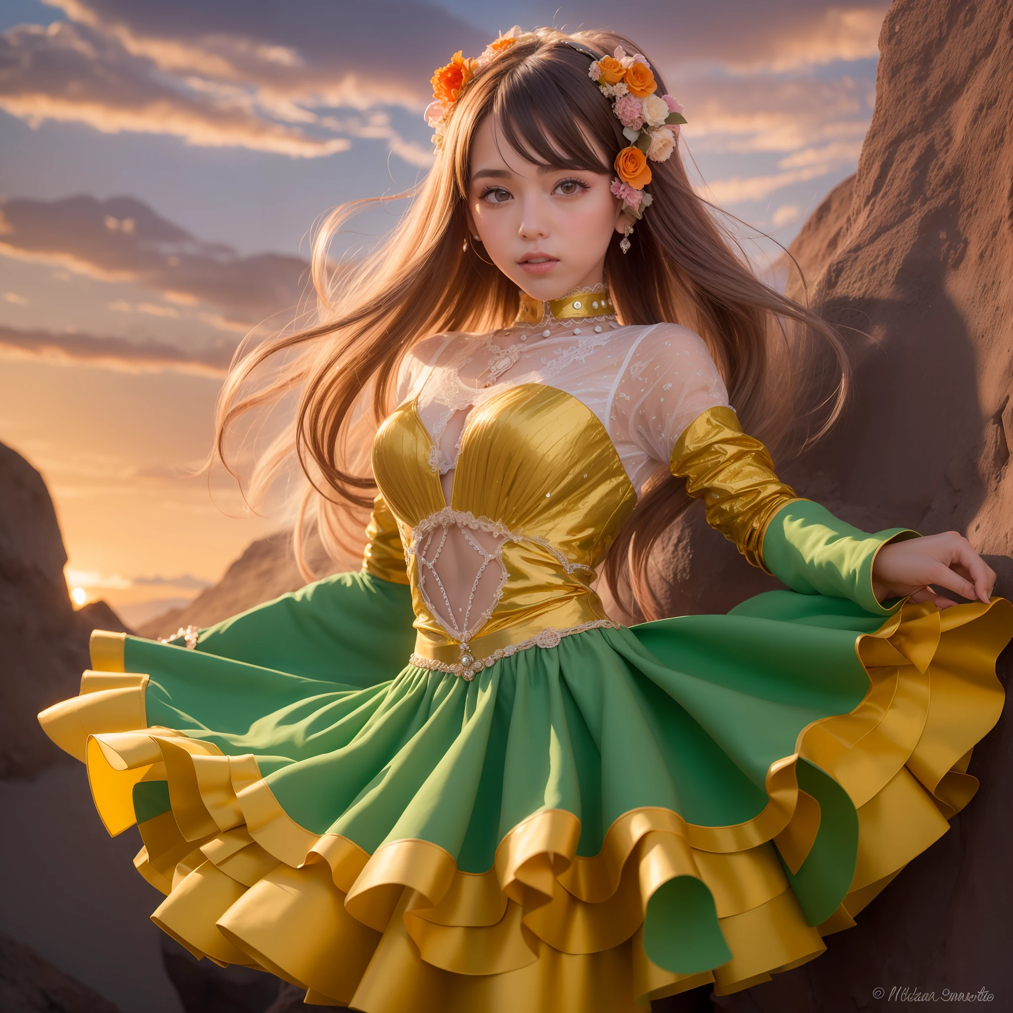 Robot ha manoide muy intrincado de color dorado, vestido con un tutu rosa. Dancing on top of a mountain watching an orange sunset