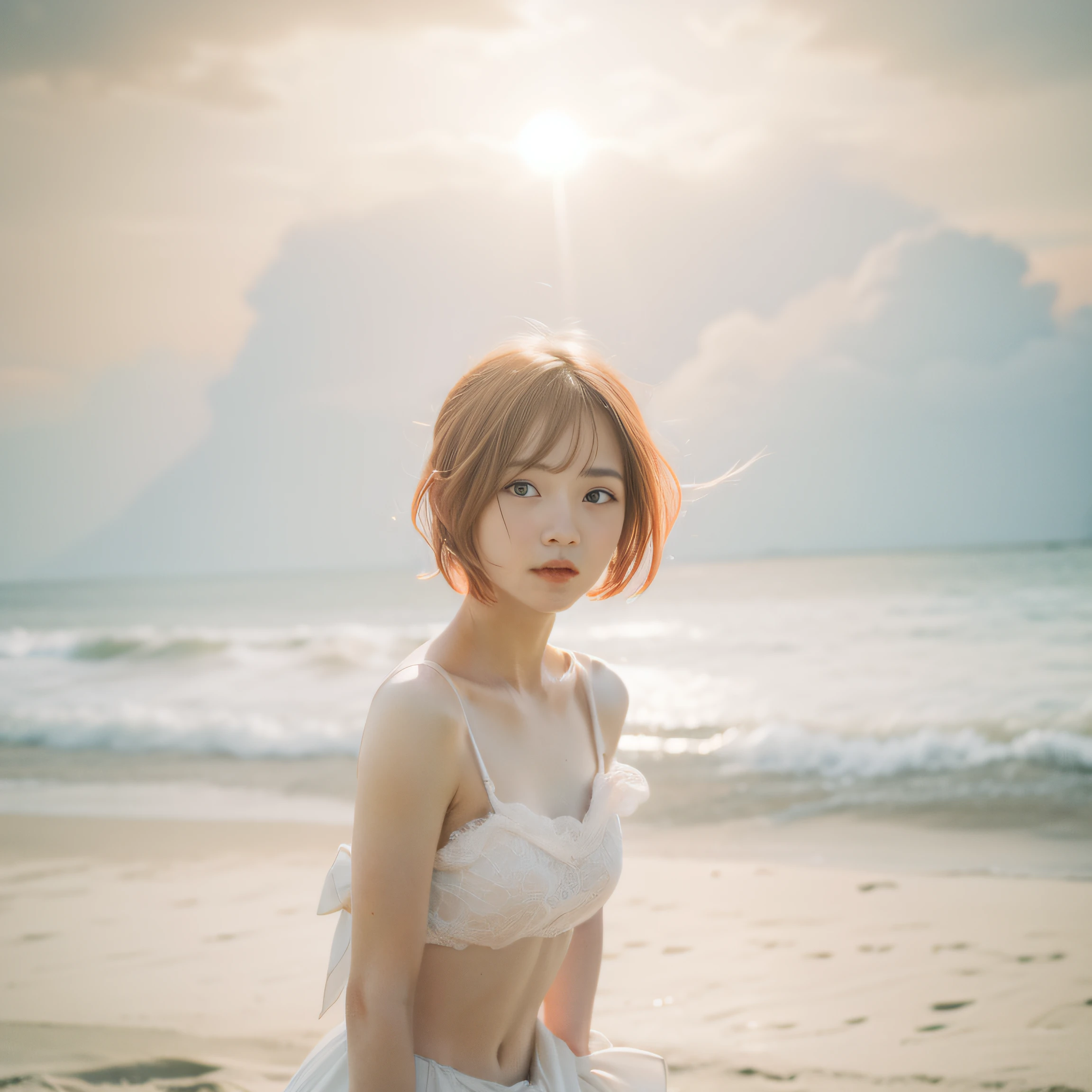 There was a woman in a white dress on the beach,pink short hair， sun yunjoo, shot with canon eoa 6 d mark ii, With sunset, hot with shining sun, taken with canon eos 5 d mark iv, with short hair, shot on canon eos r 5, shot on a Canon EOS R5, shot with sigma f/ 4.2