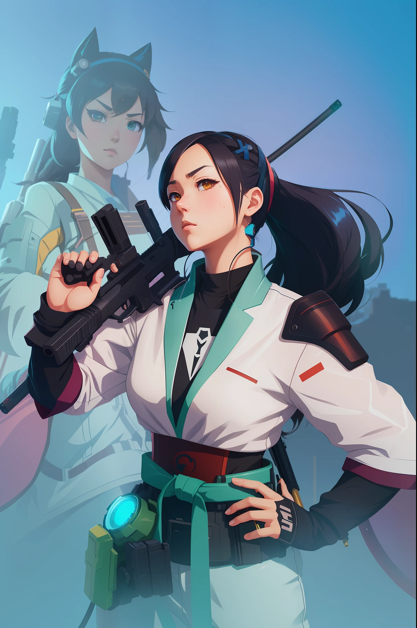 anime girl with a gun and a gun in her hand, Katana Zero video game character, Brave character, Artgerm and Atey Ghailan, saints ( valorant ), G Liulian art style, Guviz-style artwork, 《Intrepid Covenant》game style, Ross Tran 8 K, valorant style