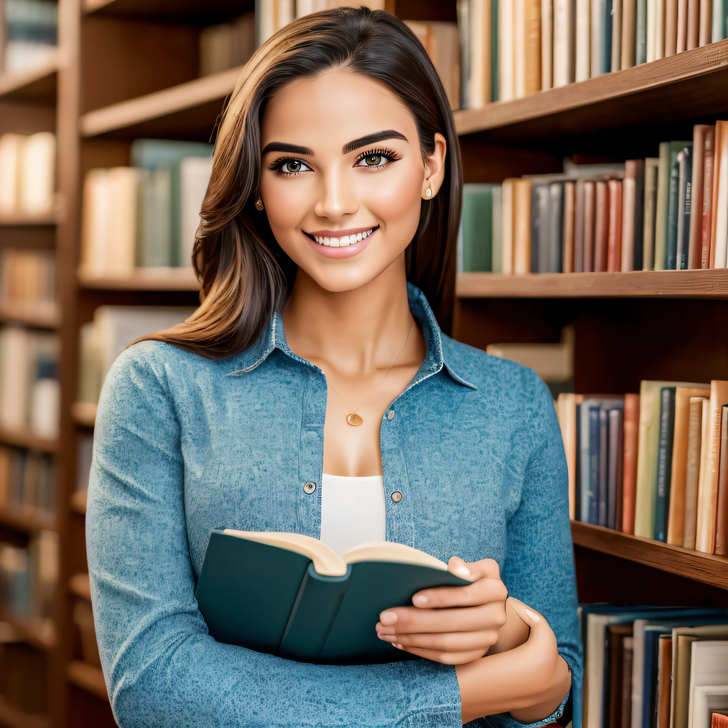 ((Best Quality, 8K, Masterpiece: 1.3)), Upper Body (1.3), Giant (5), Striking Style, Gentle Face, Parallel Eyebrows, Smile, Natural Makeup, Clothes that emphasize division, While going to work in the morning, Refresh, two hands holding a book,standing in the book library, Face-to-face image --auto
