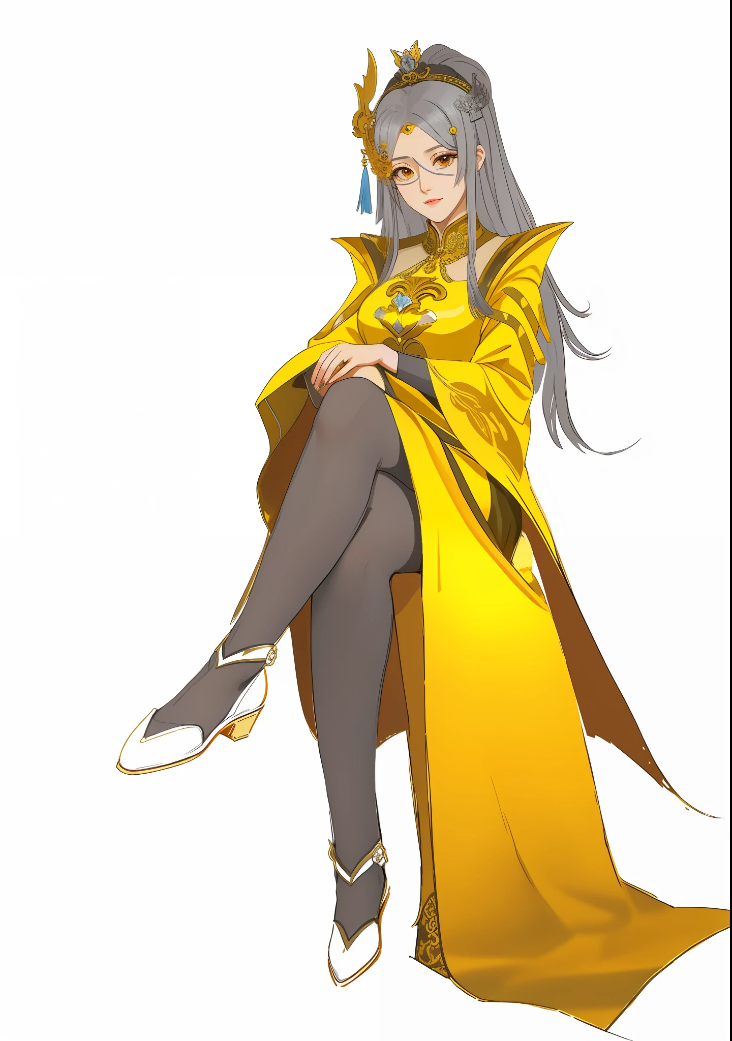 Original Drawing，Full body anime characters sitting，A metal mask is worn on his face，Wearing a yellow period costume，wearing  cheongsam, cavalier, Knights of the Girls, full-body xianxia, regal pose, ((a beautiful fantasy empress)), Anime goddess, glamorous angewoman digimon, royal elegant pose, Human :: sorceress woman, made with anime painter studio, inspired by Yang Jin