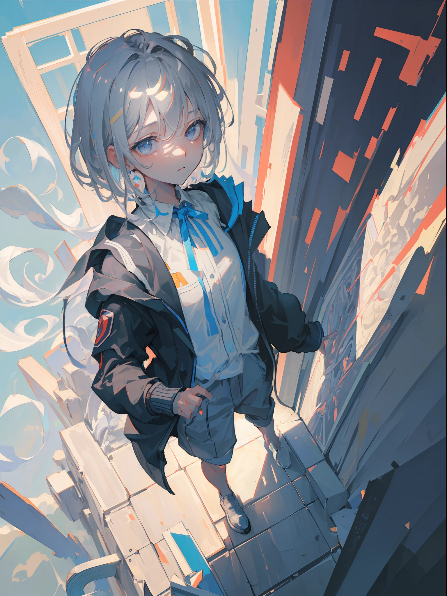 (((Masterpiece))),(((Best quality))),(((Amazing detail))),((illustration)),((A high resolution)),((8K)),((Anatomically correct)),grey short hair,Delicate hair,Cool,angle of view,Anime,Depth of field,,Soft light,From above,Lens flare,pensive,grey background,No background,black suit,grey eyes,