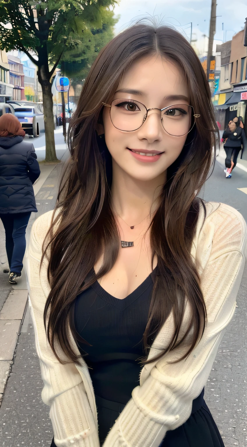 ((top-quality、8K、​masterpiece:1.3))、Beautiful woman with perfect body shape:1.4、(Brown Long Hair、small tits:1.3)、Casual wear、In the street、Highly detailed facial and skin texture、A detailed eye、二重まぶた、A smile:1.5、full body Esbian、Glasses、Sweaters