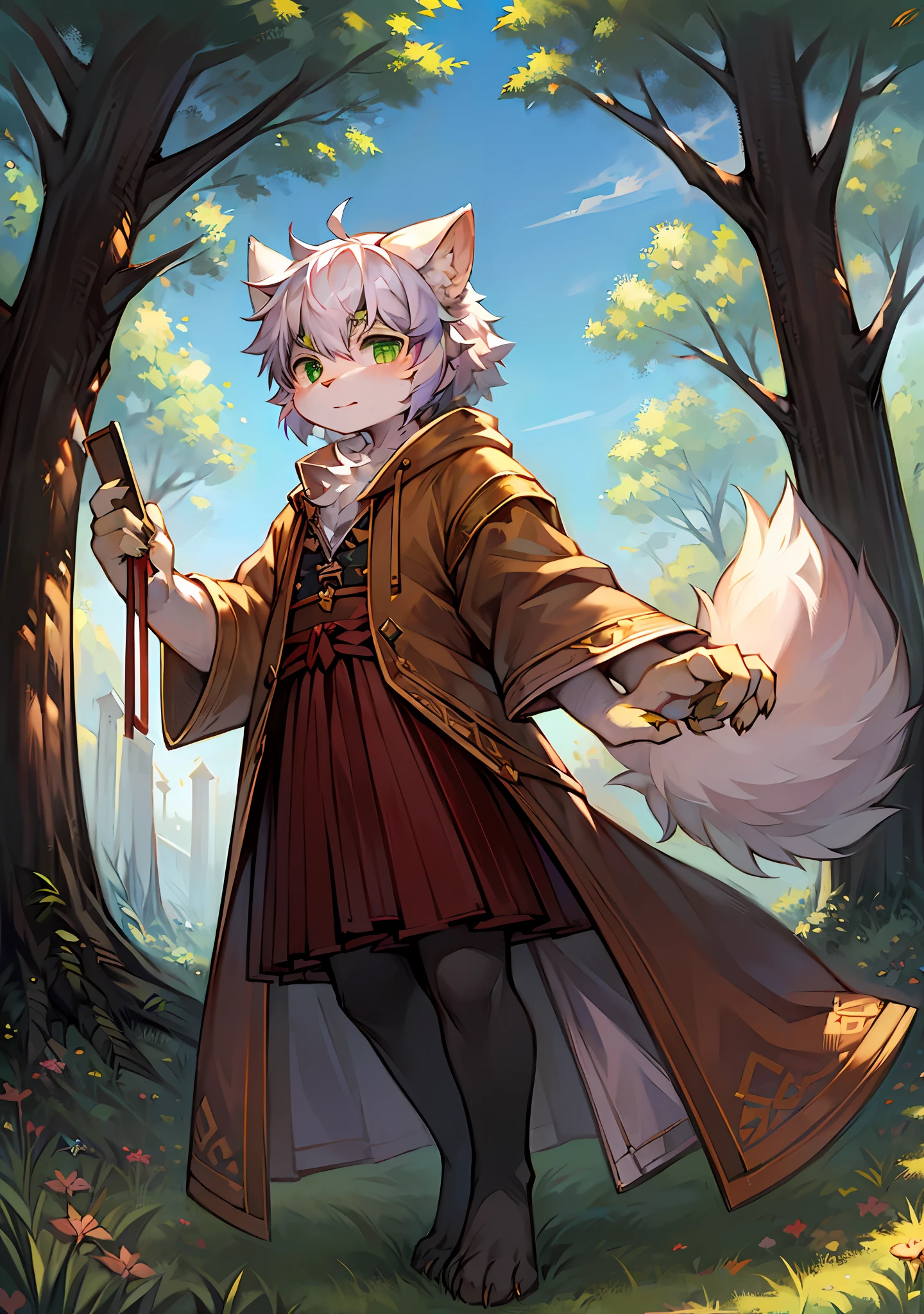 Masterpiece,High quality,abstract res,Digital painting\(artwork of a\), author:Salitz Sandiz, Yupa,Kiyosan,(anthro,Fluffy fur,Character focus:1.1),anthro male cat,Portrait , eyes with brightness, in a panoramic view, Character focus.(detailedbackground:0.7), 独奏, shaggy, shaggy male, malefocus, anthr,(Full Body Furry, Fluffy tail, White fur, Dark green eyes), (Long felines、moth、White feathers、Beige pattern、Manteau:1.2),(External、In the daytime、Dense grass、Low tree、clear skies、grassy fields)