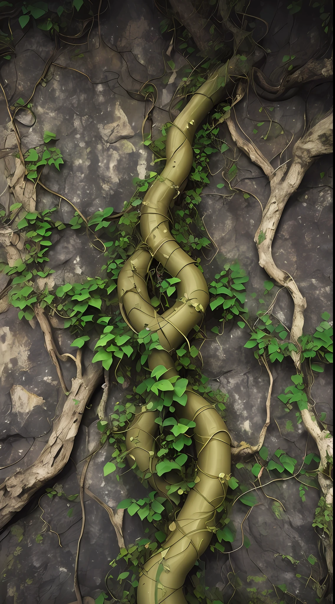 Long vines grow on the rocks, Three thick vines,Climb on top of the rocks,Fractal vines, Twisted ivy vines, small and dense intricate vines, Lush rough plants, hyperdetailed twigs and plants, deep jungle texture, entangled foliage, fantasy magical vegetation, Celtic vegetation, Thorns and vines. Detailed, stylized vegetation, Jungle vines, vines on the walls, thick and dense vines --auto