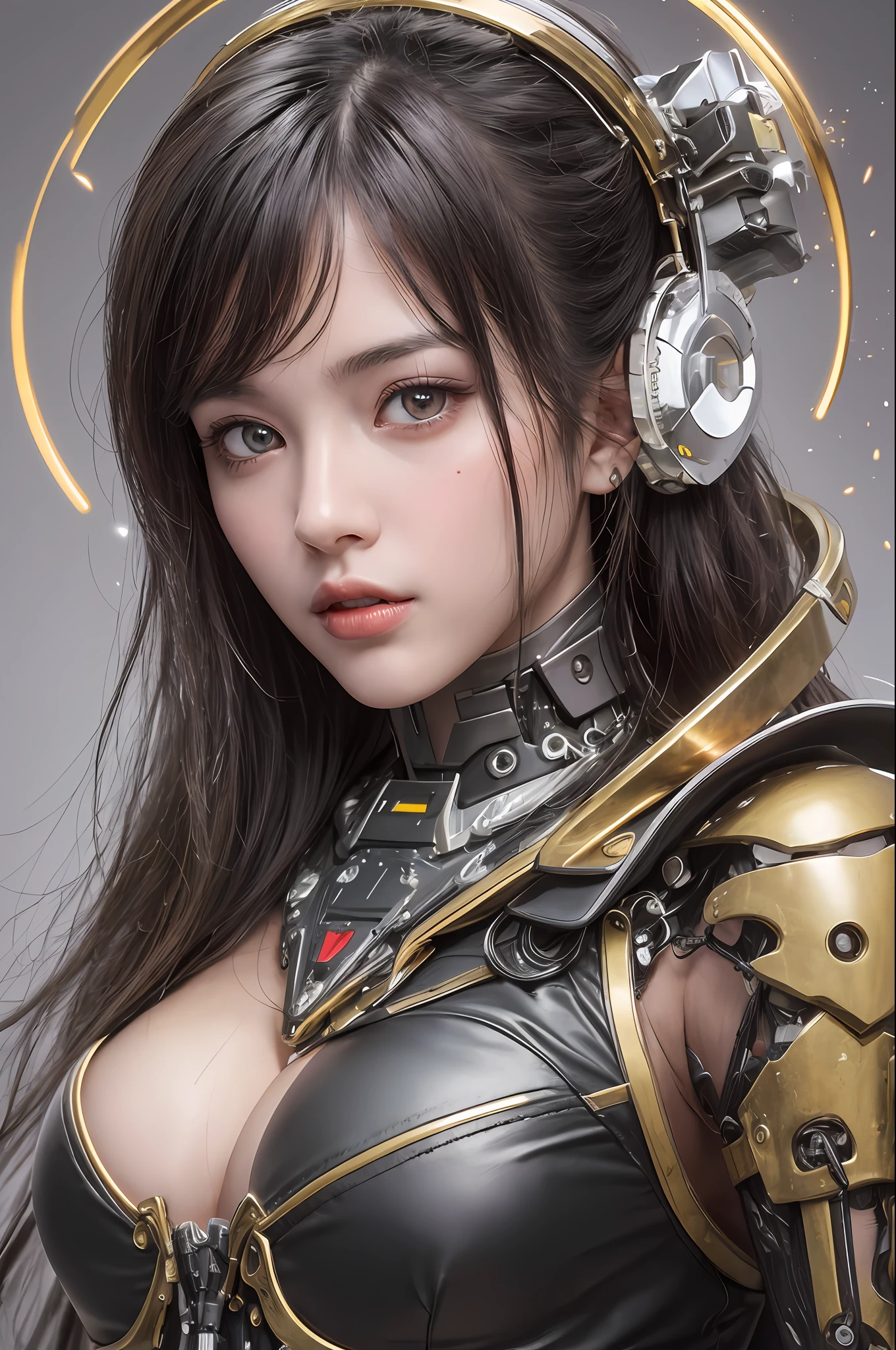Top Quality, Masterpiece, Ultra High Resolution, (Photorealistic: 1.4), Raw Photo, 1 Girl, Black Hair, Glossy Skin, 1 Mechanical Girl, (Ultra Realistic Details)), Portrait, Global Illumination, Shadows, Octane Rendering, 8K, Ultra Sharp, Big, Cleavage Exposed Raw Skin, Metal, Intricate Ornament Details, Egyptian Details, Very intricate details, realistic light, CGSoation trend, purple eyes, glowing eyes, facing the camera, neon details, mechanical limbs, blood vessels connected to the tube, mechanical vertebrae attached to the back, mechanical cervical attachment to the neck, sitting, wires and cables connecting to the head, gundam, small LED lamps,