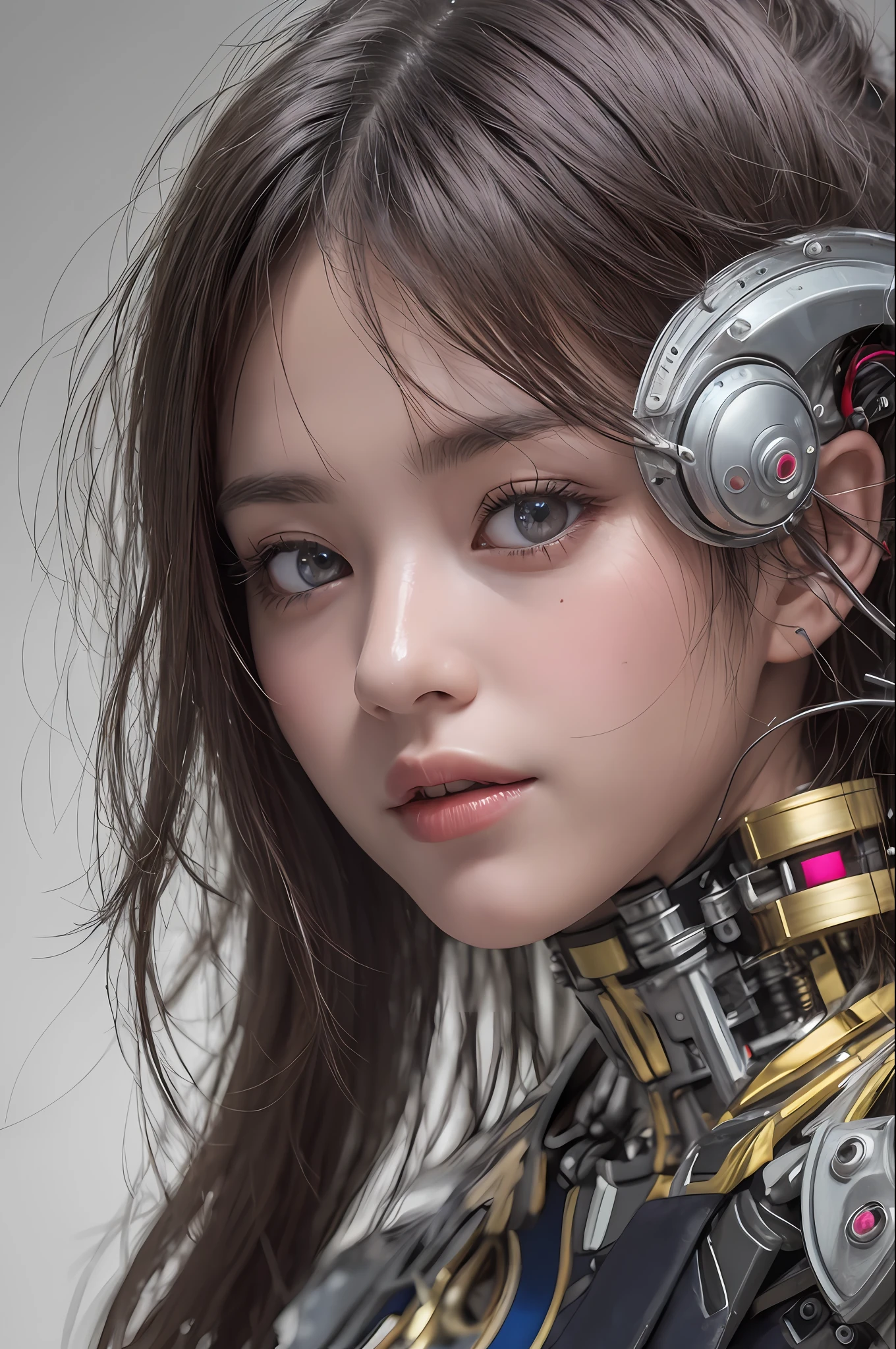 Top Quality, Masterpiece, Ultra High Resolution, (Photorealistic: 1.4), Raw Photo, 1 Girl, Black Hair, Glossy Skin, 1 Mechanical Girl, (Ultra Realistic Details)), Portrait, Global Illumination, Shadows, Octane Rendering, 8K, Ultra Sharp, Big, Cleavage Exposed Raw Skin, Metal, Intricate Ornament Details, Egyptian Details, Very intricate details, realistic light, CGSoation trend, purple eyes, glowing eyes, facing the camera, neon details, mechanical limbs, blood vessels connected to the tube, mechanical vertebrae attached to the back, mechanical cervical attachment to the neck, sitting, wires and cables connecting to the head, gundam, small LED lamps,