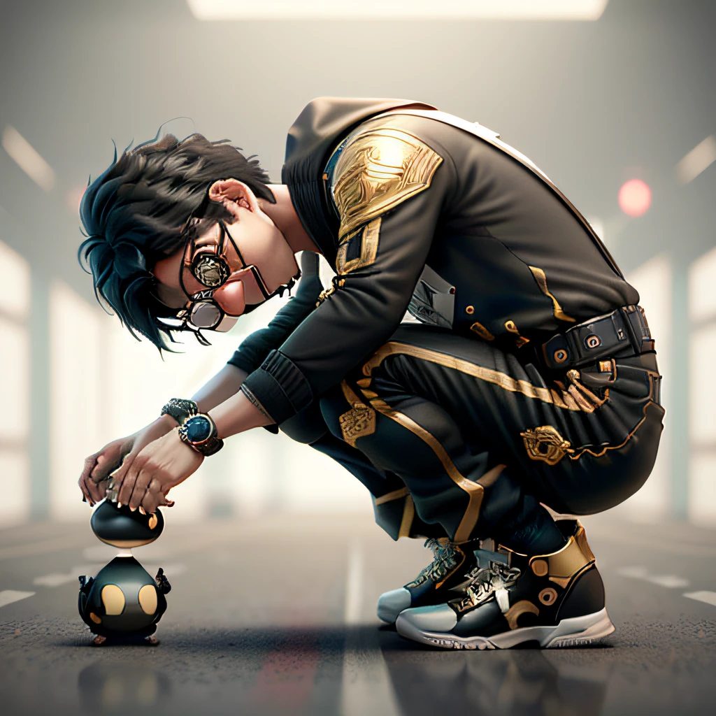 Young Asian men,Black hair,gold-wire glasses,The upper part of the body,Delicate shoes,Eye portrayal,Exquisite Hair,Popmart blind box,Clay texture,Treading on the ground,Black and white background,natural lightting,Best quality at best,hyper-detailing,arte 3D,c4d, OC renderer, a 3D render, 8k