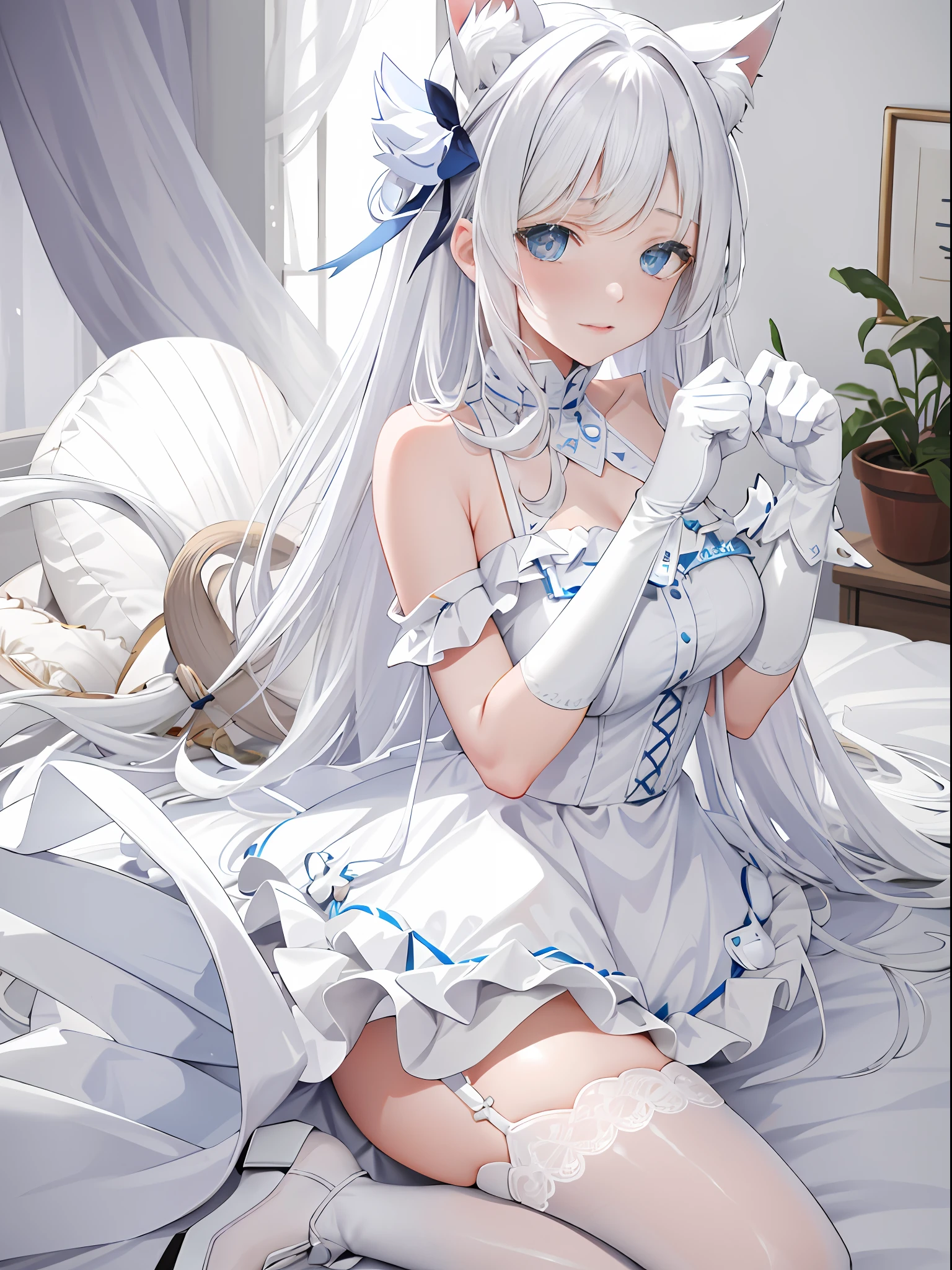 Lazy wind，wide blue eyes，White hair，Dull hair，Beast-eared maiden，White tones，sitted，1girll，Solo，adolable，white dresses，Big hazy eyes，Facial details are exquisite，Beth，onbed，Impeccable，Cute pose，Plush cat's paw gloves，Shy laugh，The complexion is reddish，White stockings