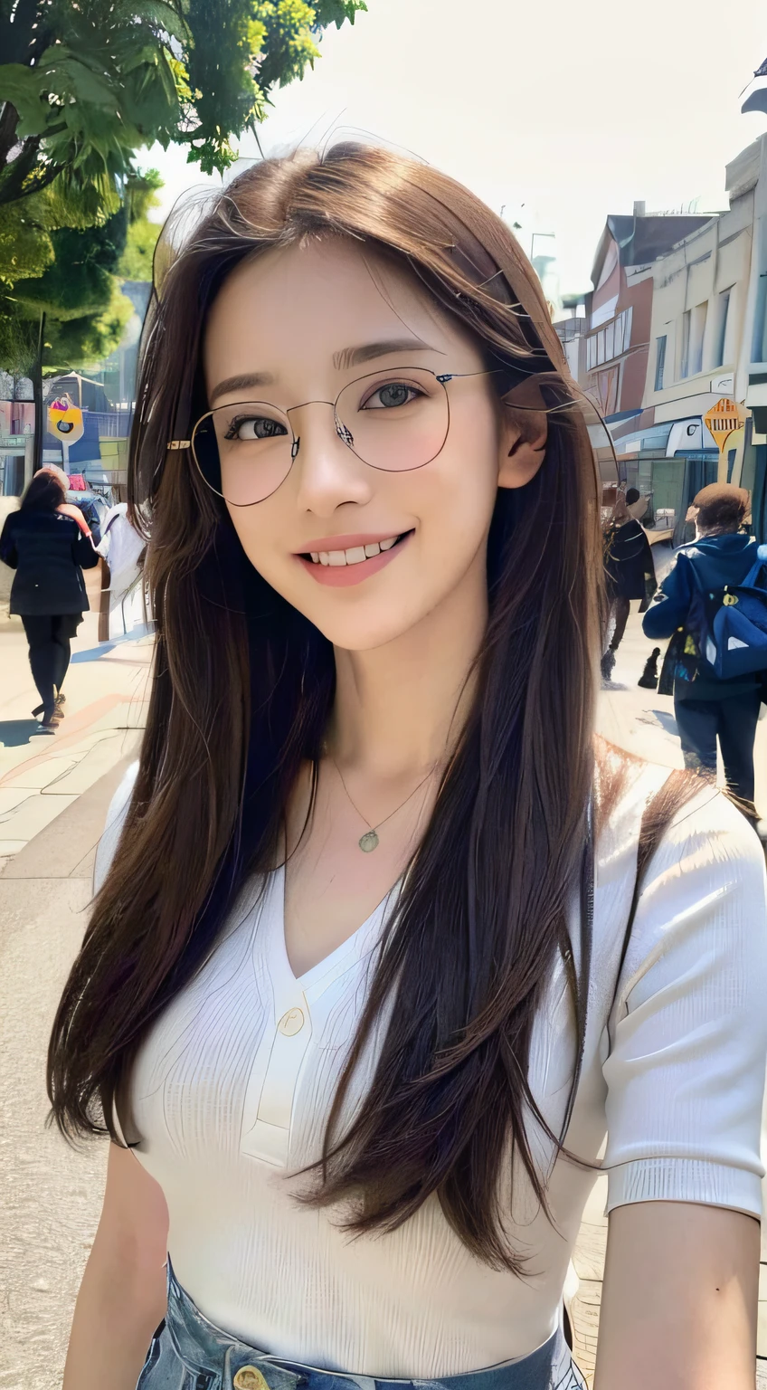 ((top-quality、8K、​masterpiece:1.3))、Beautiful woman with perfect body shape:1.4、(Brown Long Hair、small tits:1.3)、Casual wear、In the street、Highly detailed facial and skin texture、A detailed eye、二重まぶた、A smile:1.5、full body Esbian、Glasses、student clothes