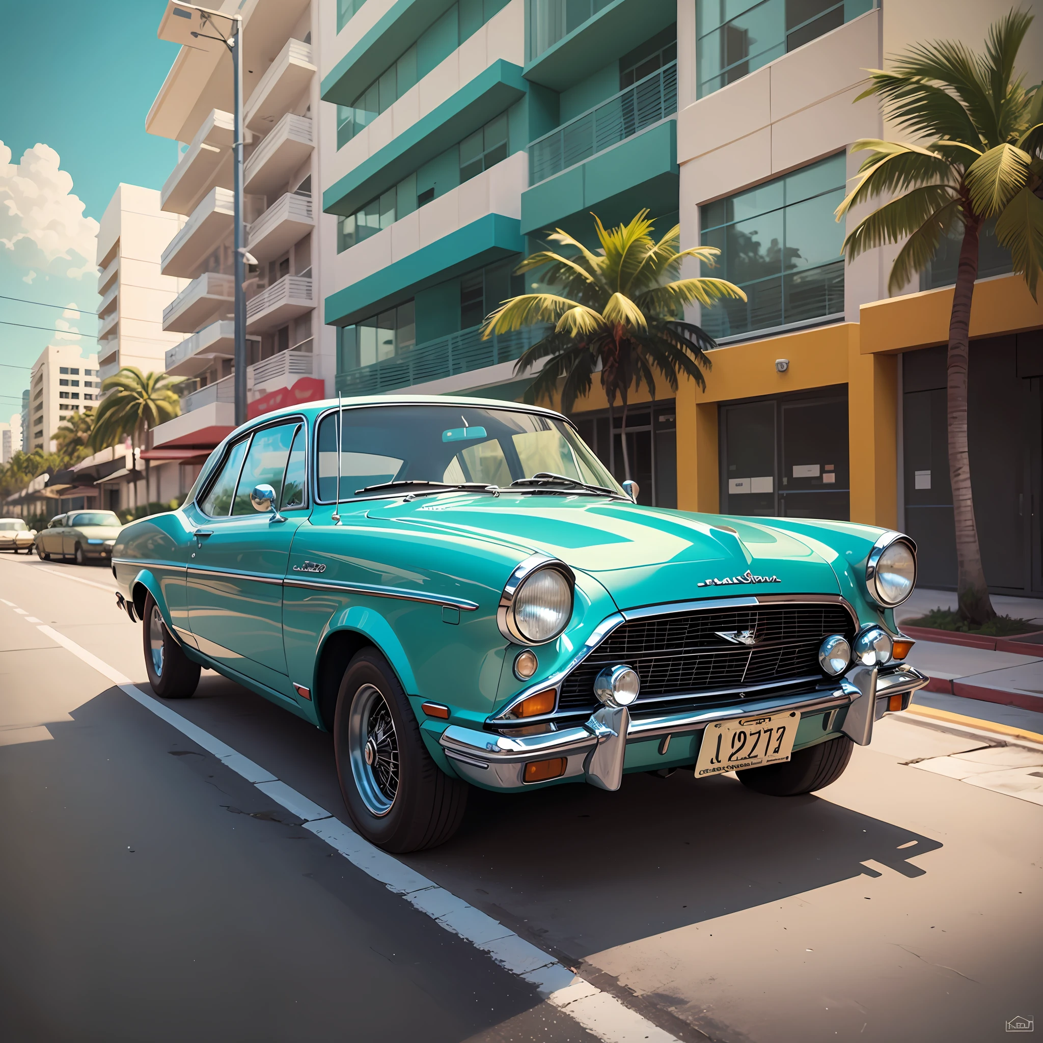 classic car 1970, miami beach, vector art --auto --s2