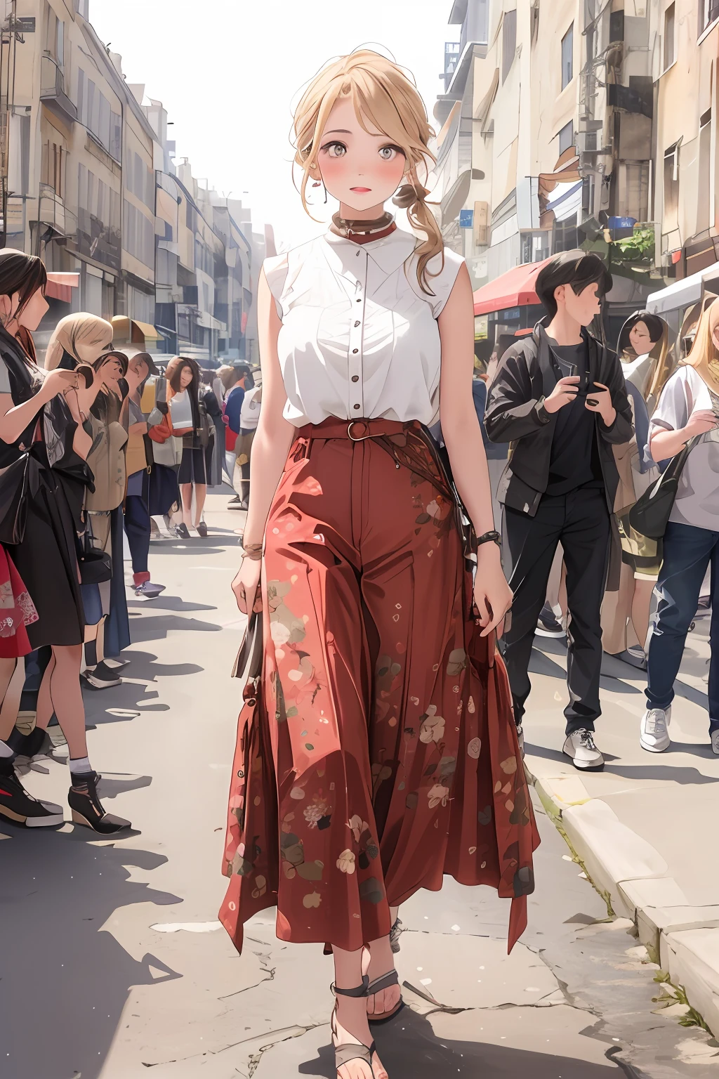 Mature woman, s the perfect face，Blushlush，Beige hair，pony tails，Wear vintage light red cake pants，Rose red wide-leg pants，Pattern pattern，Mori Women's College style，Beige vest，Wear Roman summer sandals，Literary and artistic fan，bohemian fashion, Paris Fashion Week, street fashion outfit, Wearing Gorgeous Costume, On the street, catwalks，clothed in ancient street wear, Bohemian style, hippie fashion，bustling crowd，the soft light，Many journalists are taking pictures，Vintage architecture，8 look，best qualtiy，High quality background，centered composition，电影灯光，tmasterpiece