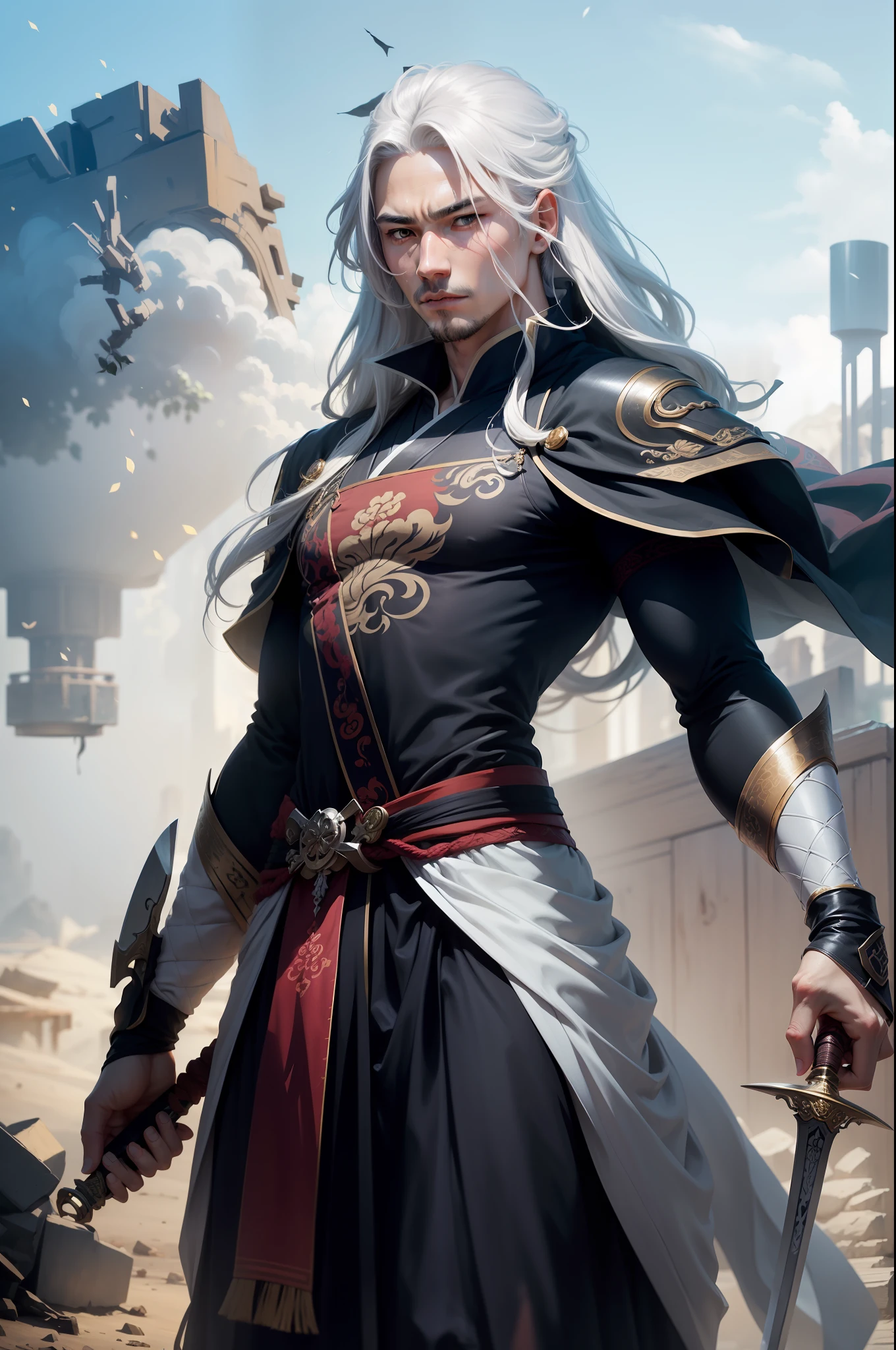 { The whiteprint changes to male characters} {long hair. white hair} { Chinese Taoist robes} { Vo Dang} { sword handle}