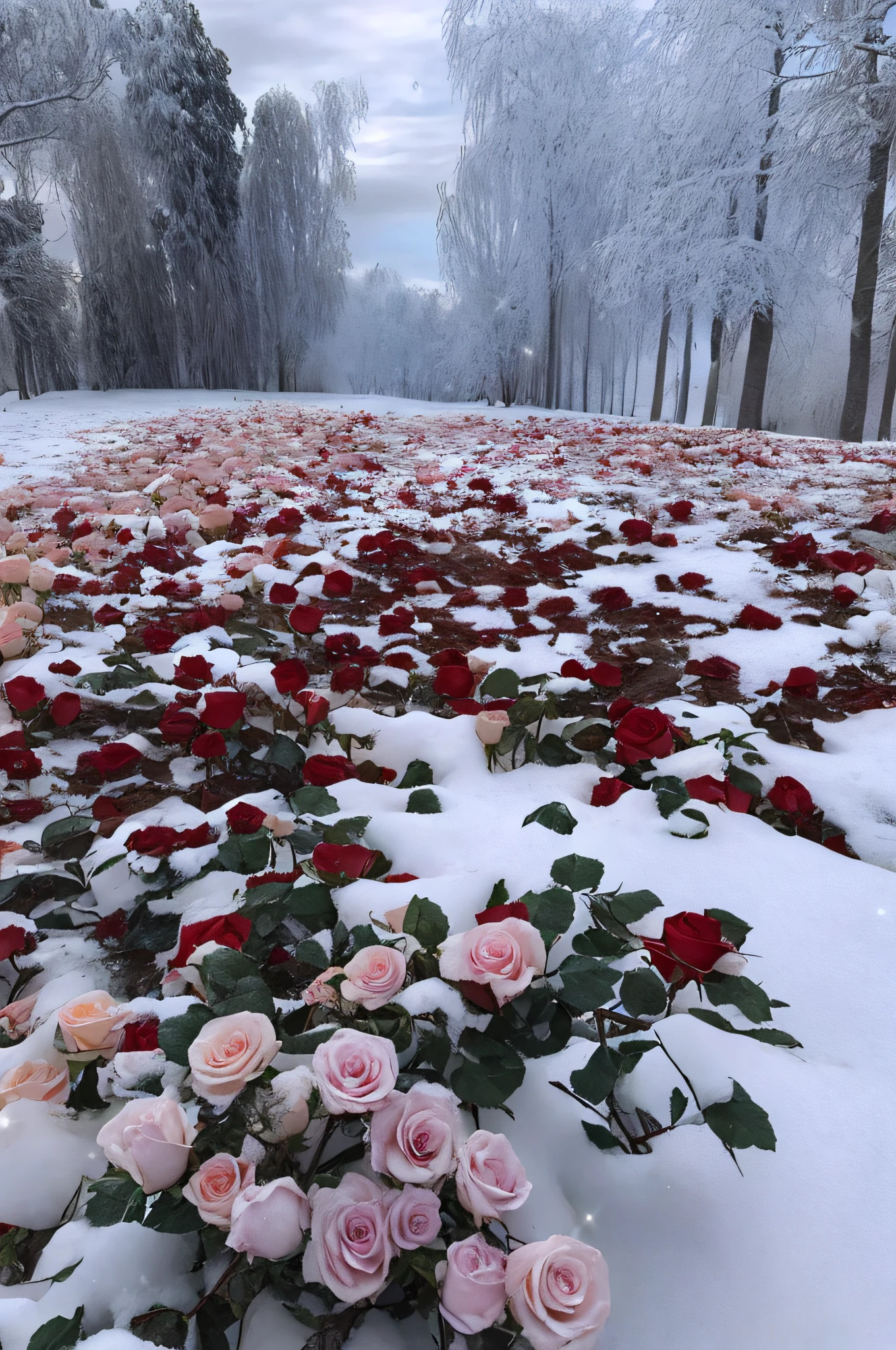 There are many snow-covered roses in the fields, with frozen flowers around her, Rose garden, Unbelievably beautiful, rosette, Really beautiful nature, rosses, an aesthetic field of flowers, stunning sight, with snow covered colourful red, Incredibly beautiful, Beautiful nature, sergey krasovskiy, absolutely outstanding image, white and red roses, Flowers everywhere