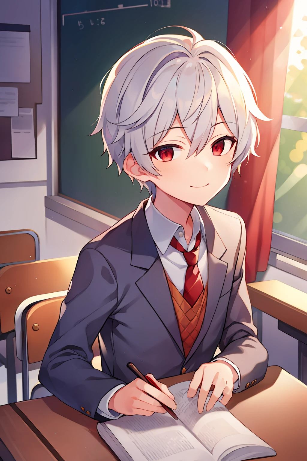 (high-quality, breathtaking),(expressive eyes, perfect face), 1boy, male, solo, short, young boy, short white hair, red eyes, smile, school uniform, red tie, in classroom