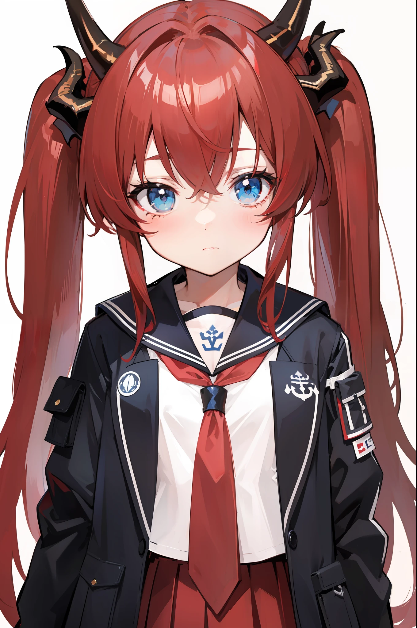 red hair, blue eyes, twintails,Sailor suit,Dragon horns,coat,red Pleated skirt,solo,1girl, arknights, long hair, loli,