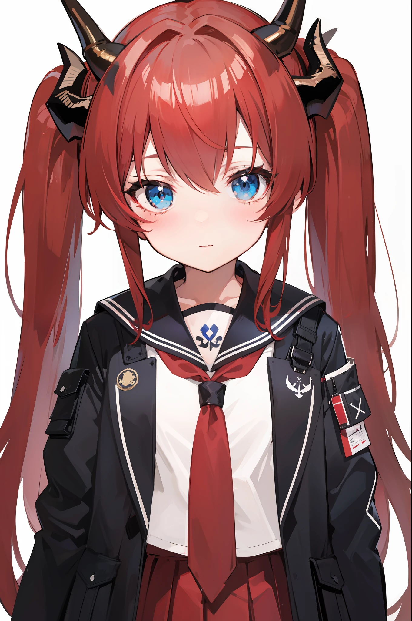 red hair, blue eyes, twintails,Sailor suit,Dragon horns,coat,red Pleated skirt,solo,1girl, arknights, long hair, loli,
