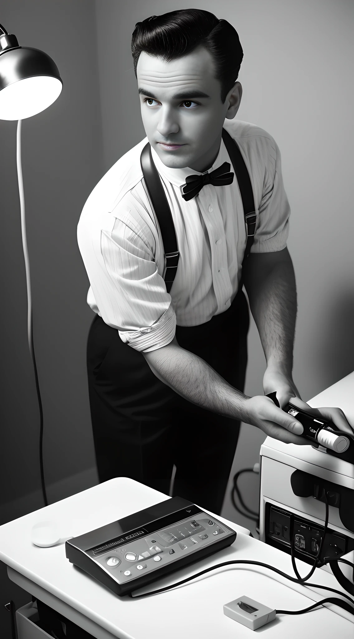 {A suave man in vintage attire, holding a power cord with a plug, showing an amusingly exasperated expression in a clinical treatment room reminiscent of the 1950s. His body pose subtly leans towards femininity.}, 1950s style Photograph, -, Clinical Setting, Medium shot, EE 70mm, Front view, (Nostalgic lighting:1.3), (High resolution:1.2), (Detailed:1.1)
