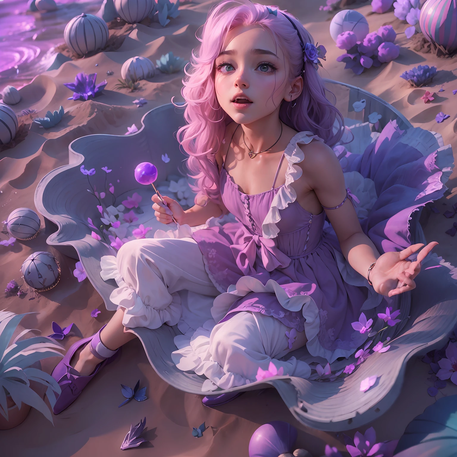 (sandbox:1.4),in a panoramic view，Solo, full bodyesbian，Beautiful cute little girl, Wear delicate purple leather shoes，It's like being in the middle of the ocean，Dressed in a beautiful purple dress, ssmile，Long light purple hair，Holding a purple lollipop in his hand，Rococo style，Material de vidro，crystal material，extremely detaile, Cinematic lighting effects，4K，tmasterpiece，offcial art