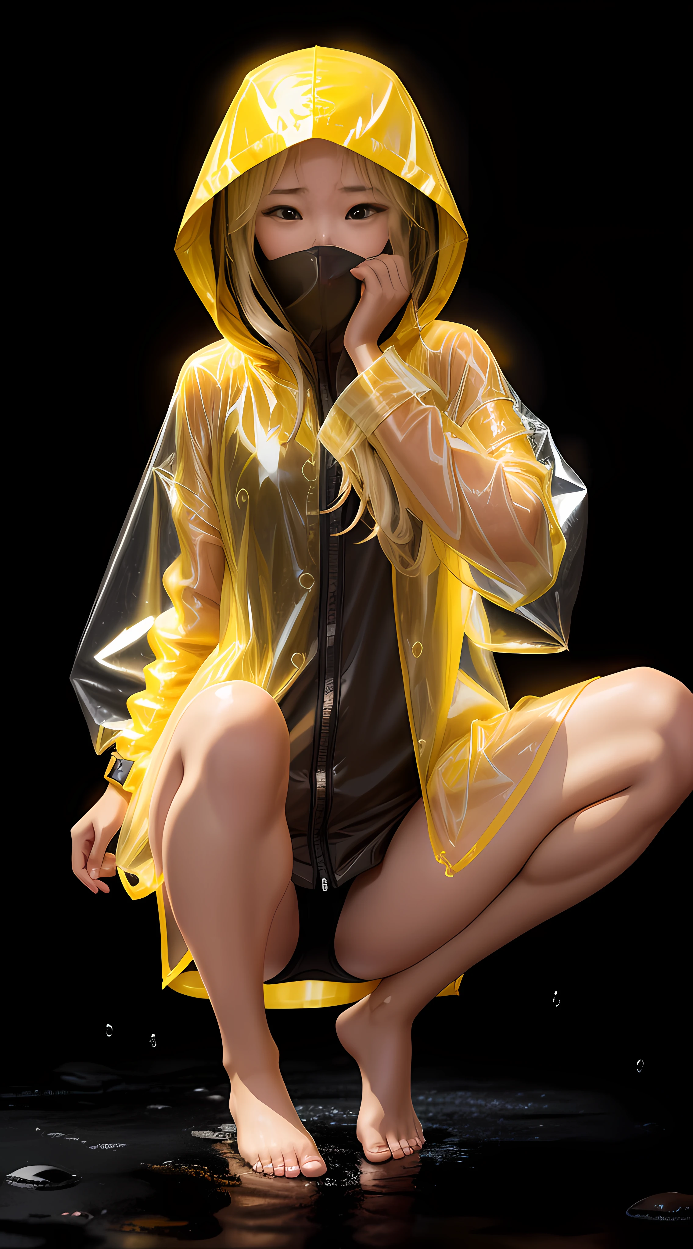 Short yellow raincoat girl,A hood that covers your face,Squat full body view,Barefoot and barefoot,Accentuates the raincoat gel texture,Accentuates the translucent texture of the raincoat。 --auto