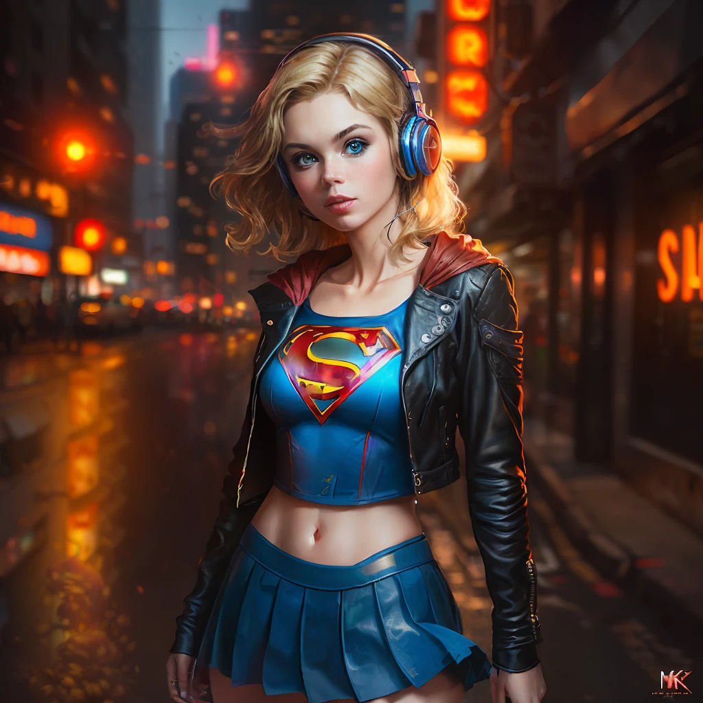 Best quality, realistic, blonde, award-winning Supergirl illustration, (complicated detail: 1.2), (fine detail), (complicated detail), (cinematic lights, best quality backlight), sharp lines, sharp focus, official art, unit 8k wallpaper, absurd, unbelievably absurd, huge file size, ultra- (in_main_street:1.21), (neon lamp), fantasy art, rtx,((triangle closeup photo by award-winning studio)), 1Supergirl, very pretty, (shut up), small breasts, ((Cyberpunk city Street, Battle Maiden)), perfect hands, beautiful detailed blue eyes, Perfect Face, (Cyberpunk blouse, leather jacket, Martin boots) ,,(headphones_around_hair),((pleated skirt) ), ((supermodel pose)),