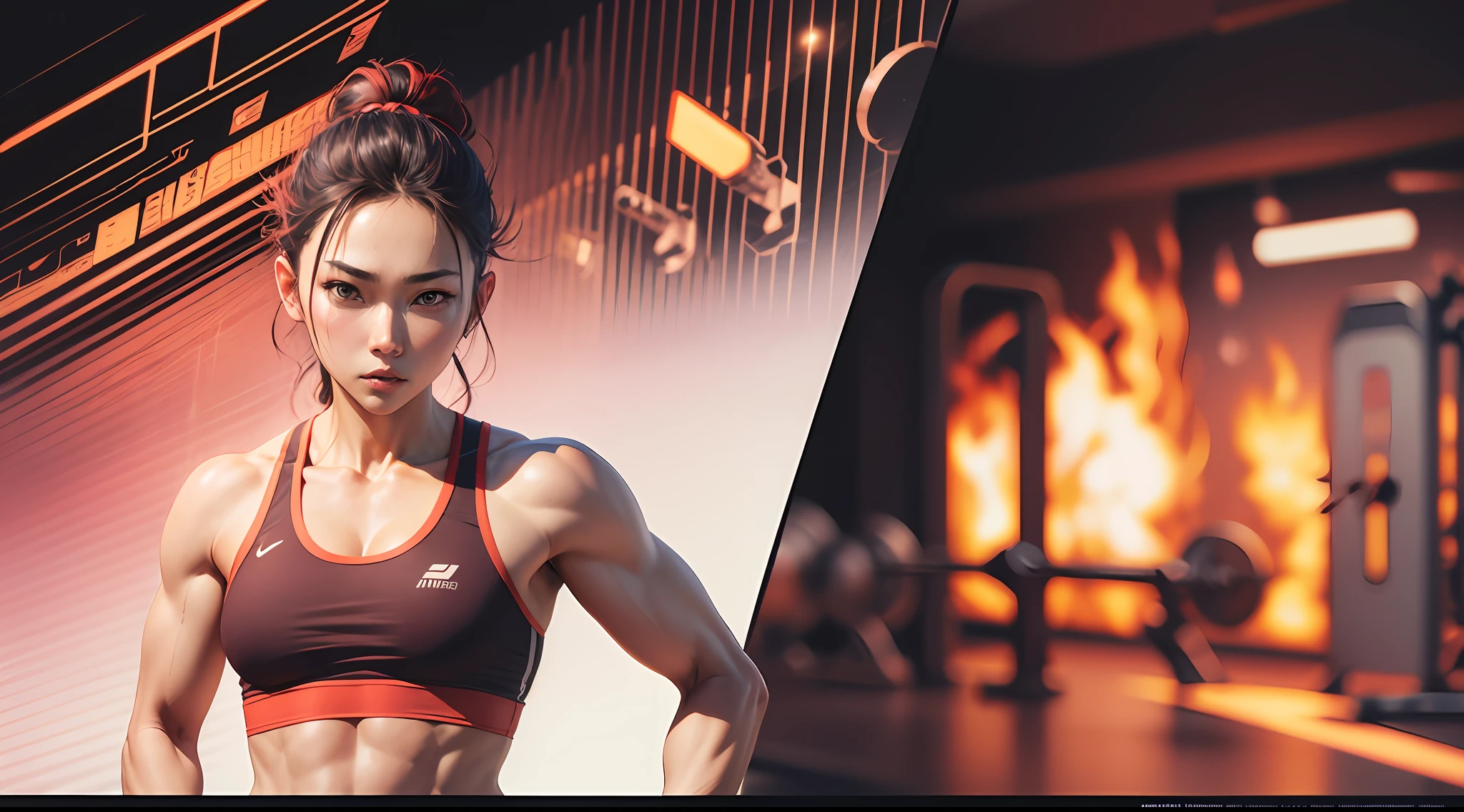 wooman fitness in gym::5 galactic::1 fire::1 satellite imagery::1 yoji shinkawa::1 neon red color::1 cotton::1 --auto --s2