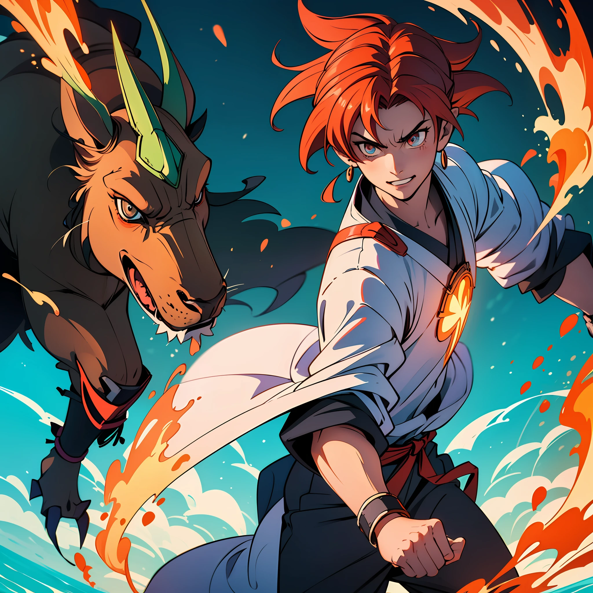 Name: Ryuji "Blaze" Kaze
Description:
Ryuji "Blaze" Kaze is a fiery and powerful character, drawing inspiration from both Natsu and Goku. He stands tall with a muscular build and spiky, flame-red hair that seems to dance with energy. His eyes shimmer with an intense, determined light, reflecting his unwavering resolve.
In battle, Blaze wears a unique, traditional martial arts-inspired gi adorned with intricate flame patterns, symbolizing his affinity for fire. He carries a distinctive, dragon-shaped pendant around his neck, passed down through generations in his family, hinting at a deeper connection to mythical powers.
His aura exudes warmth and passion, and when his emotions are ignited, an intense fiery aura surrounds him, signifying the incredible power that lies within. Blaze is always ready to protect his friends and loved ones with boundless energy and a radiant smile, embodying the spirit of a true hero. His quest for strength and justice knows no bounds as he continuously seeks to master his powers and become an icon in his own right. --auto