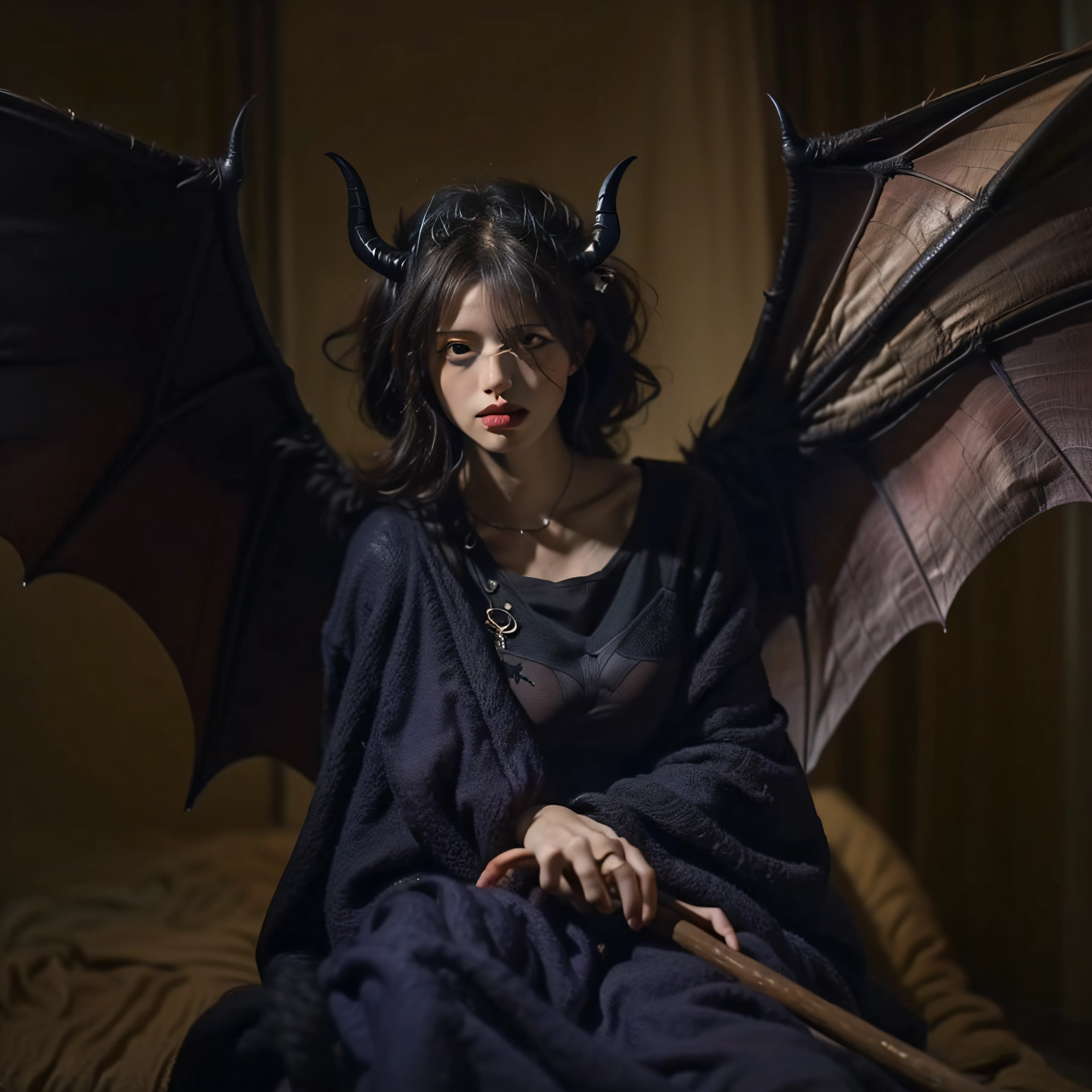 "((Obra maestra))(The best lighting, alto contraste, oscuro, dramatic, Acabado fotorrealista),(manchas y desperfectos como de daguerrotipo).(Woman with Bat Wings),(Baphometh saca la lengua), viejos, Serpientes. Luz Caravaggio"
